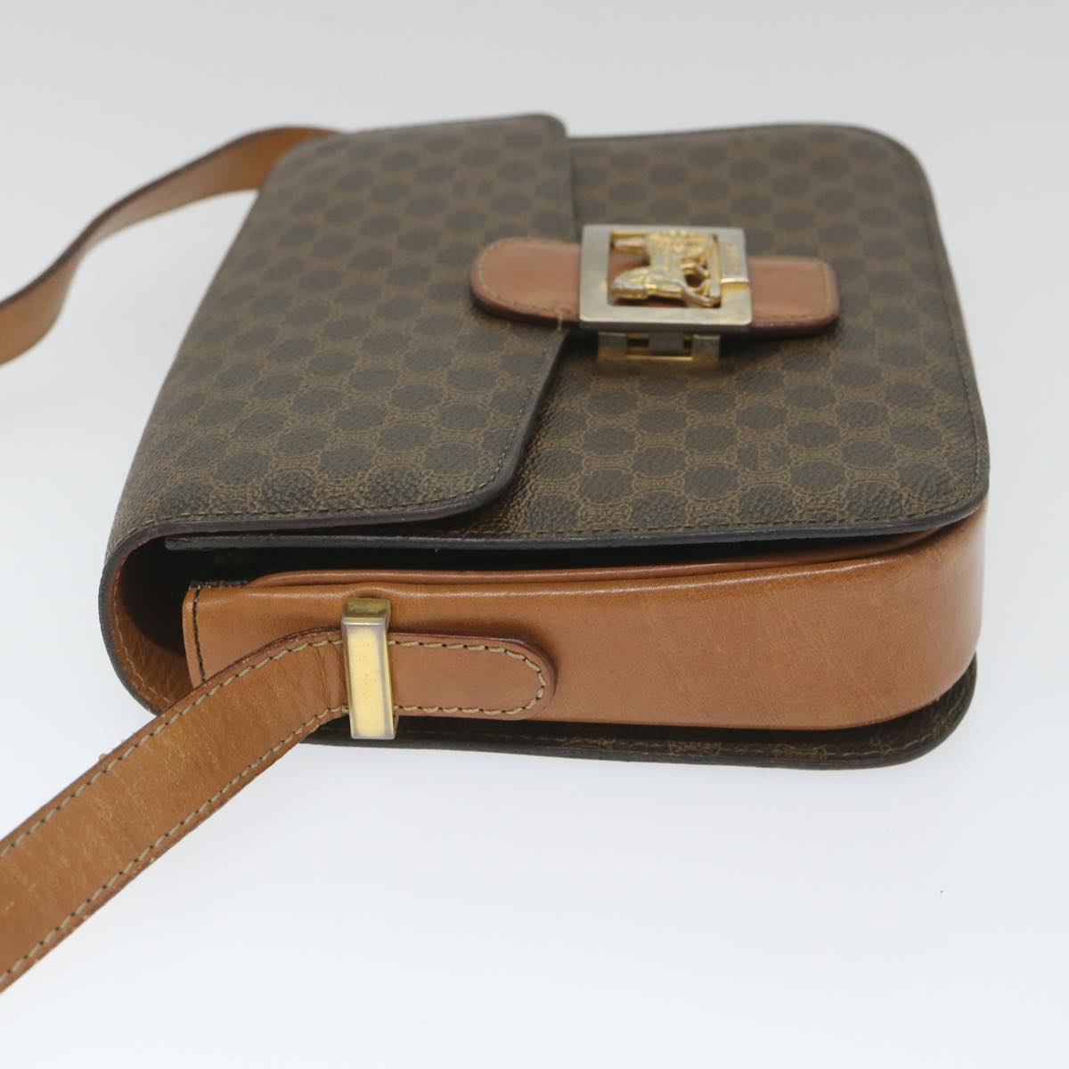 Luxury CELINE Macadam Canvas Horse Carriage Shoulder Bag PVC Leather Brown  57374
