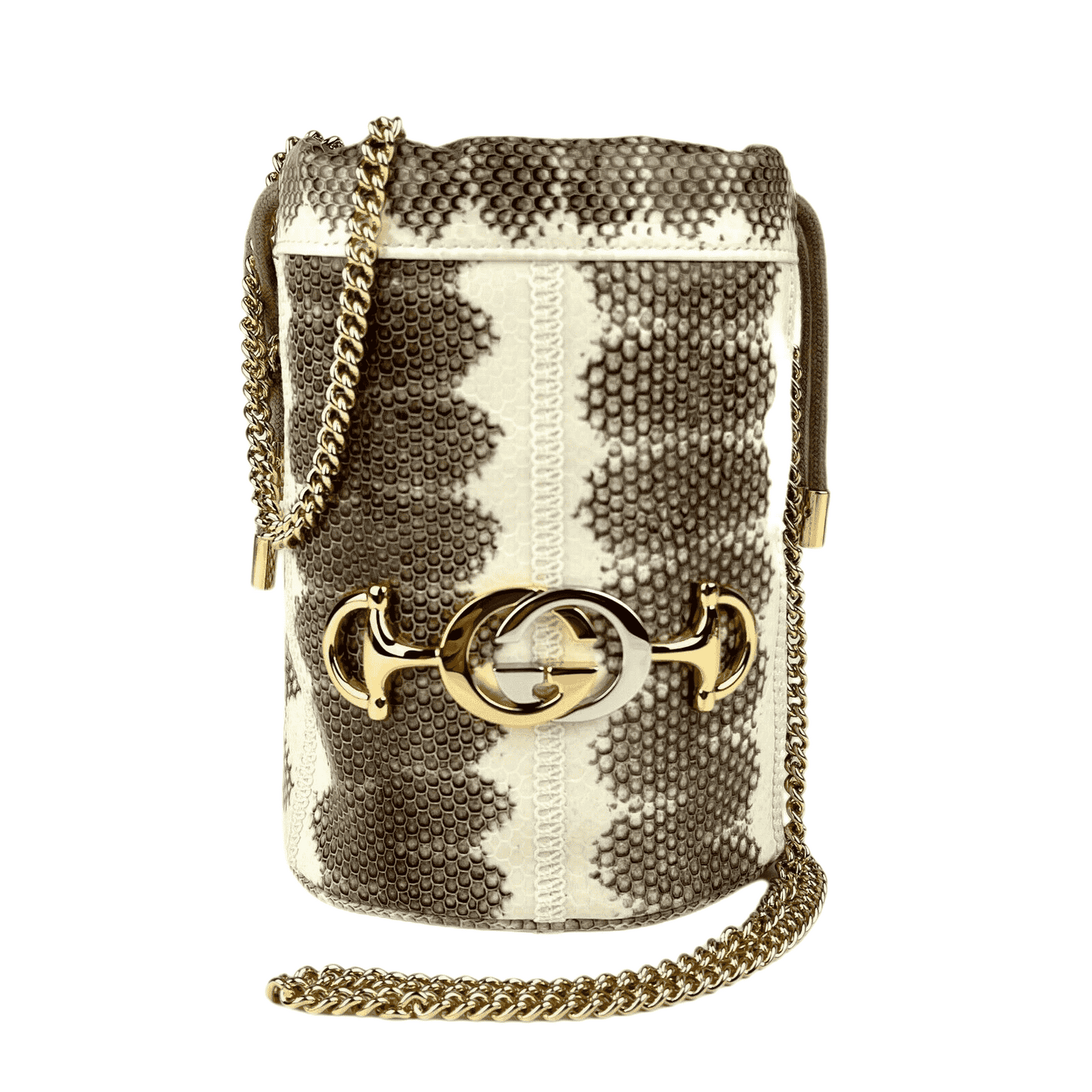 Gucci Zumi White/Gray Snakeskin Drawstring Bucket Mini Chain Bag