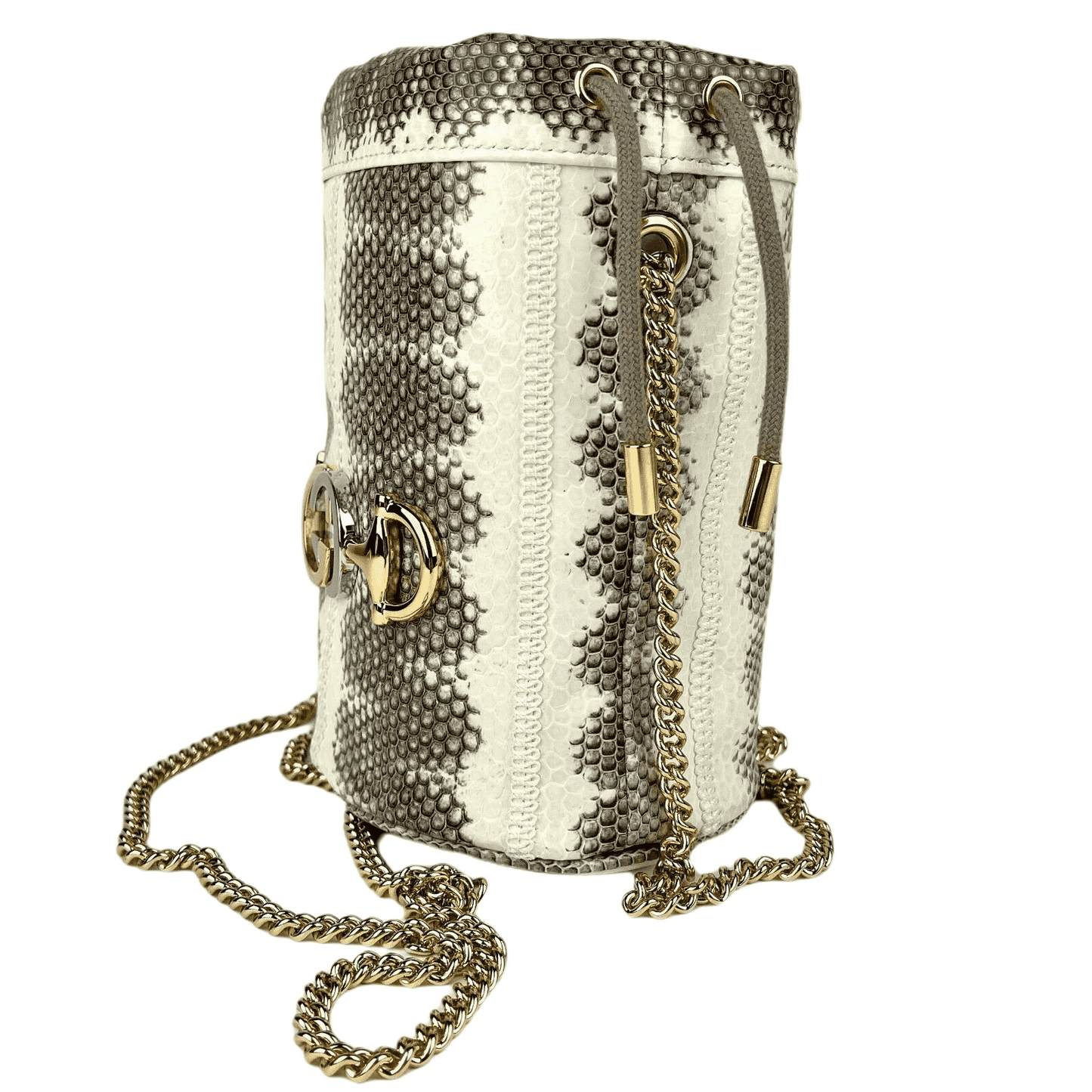 Gucci Zumi White/Gray Snakeskin Drawstring Bucket Mini Chain Bag