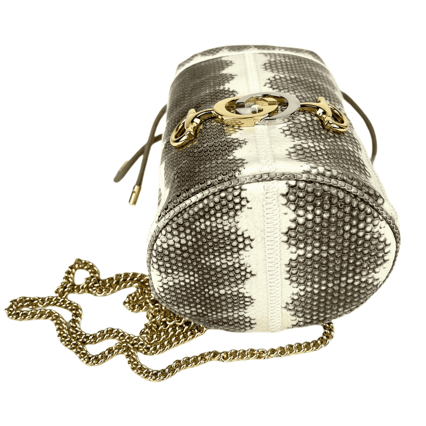 Gucci Zumi White/Gray Snakeskin Drawstring Bucket Mini Chain Bag