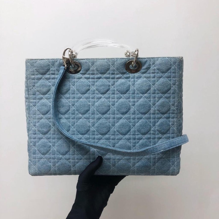 Lady Dior Large   Denim Quilted Cannage tote with strap and acrylic handle GHW