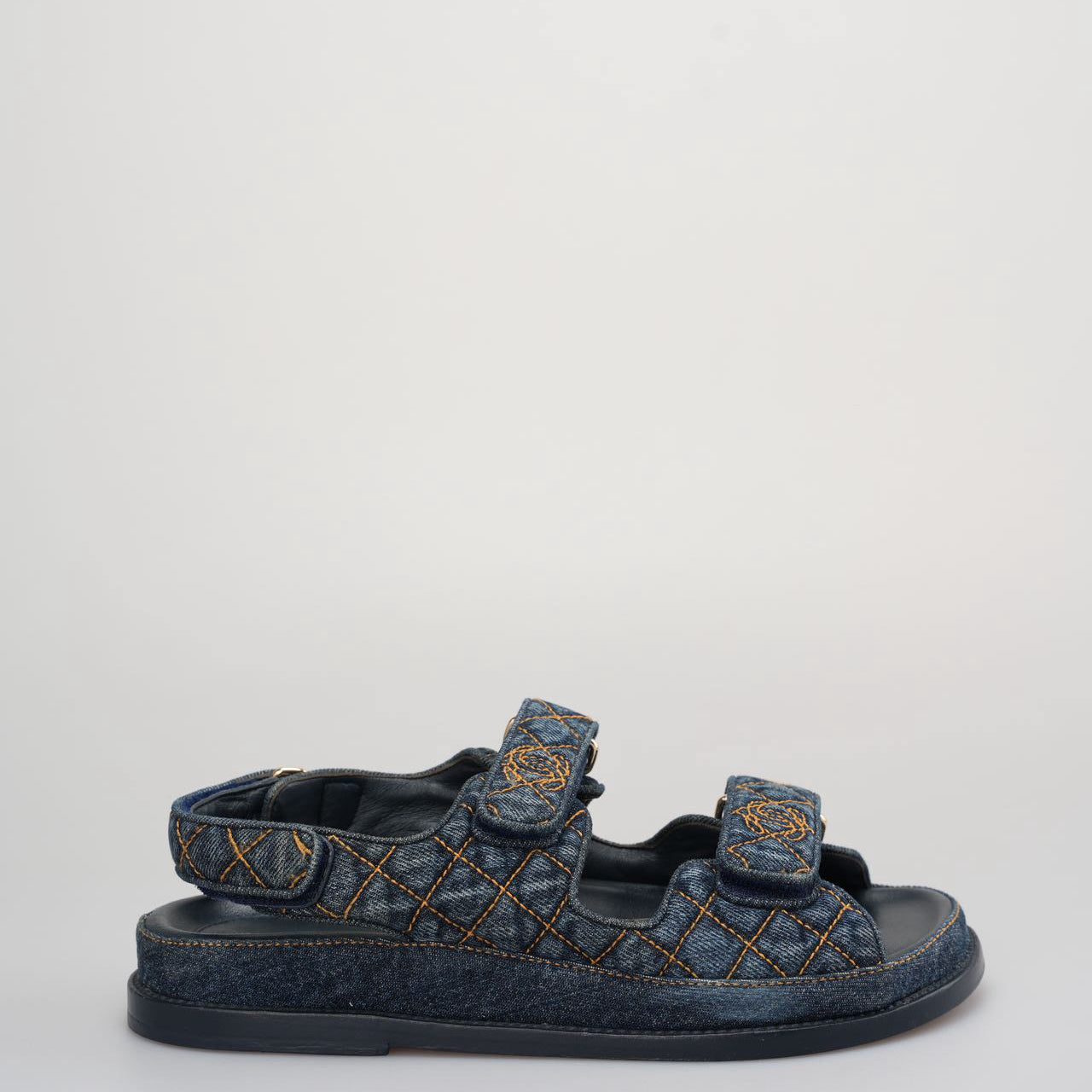 Chanel Denim Velcro Dad Sandals Navy Blue Size 38