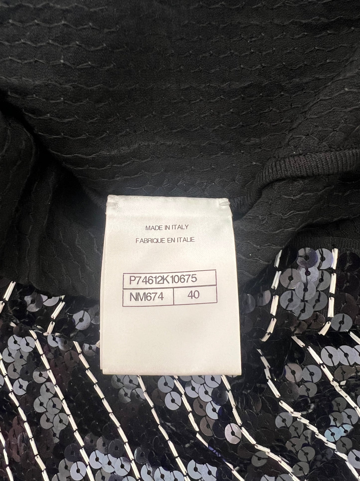 Chanel Spring/Summer 2023 Navy and White Striped Sequins T-Shirt with CC Logo Size FR 40 (UK 12)