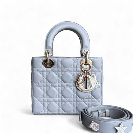 Dior Lady Small - Cannage Lambskin Grey Gray Gold Hardware