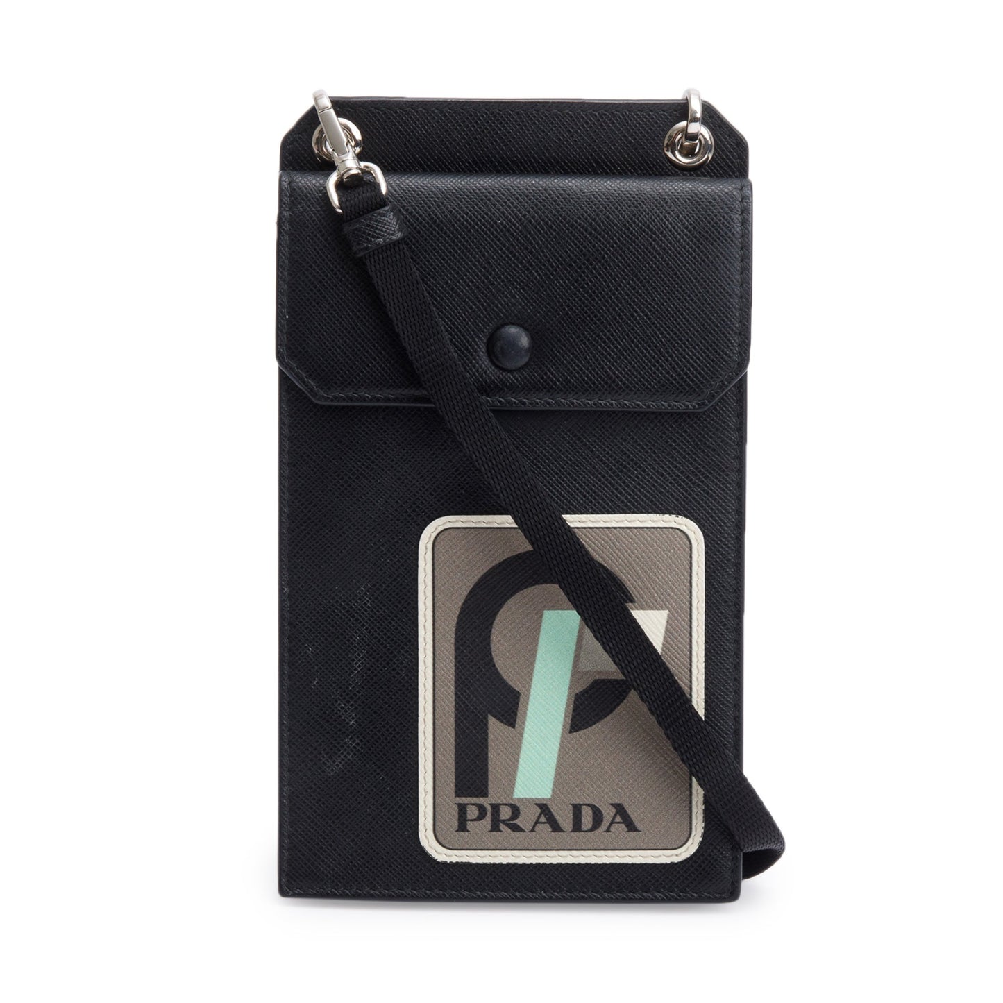 Prada Black Saffiano Lux Leather Racing Logo Patch Phone Pouch Crossbody Bag