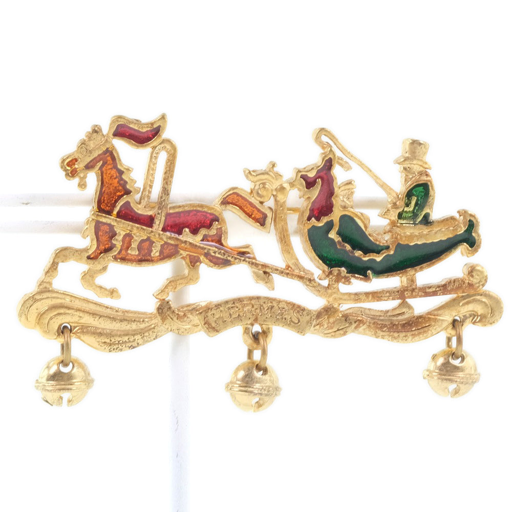 HERMES Brooch Plated Gold Red, Green, Orange Carriage Women  d
