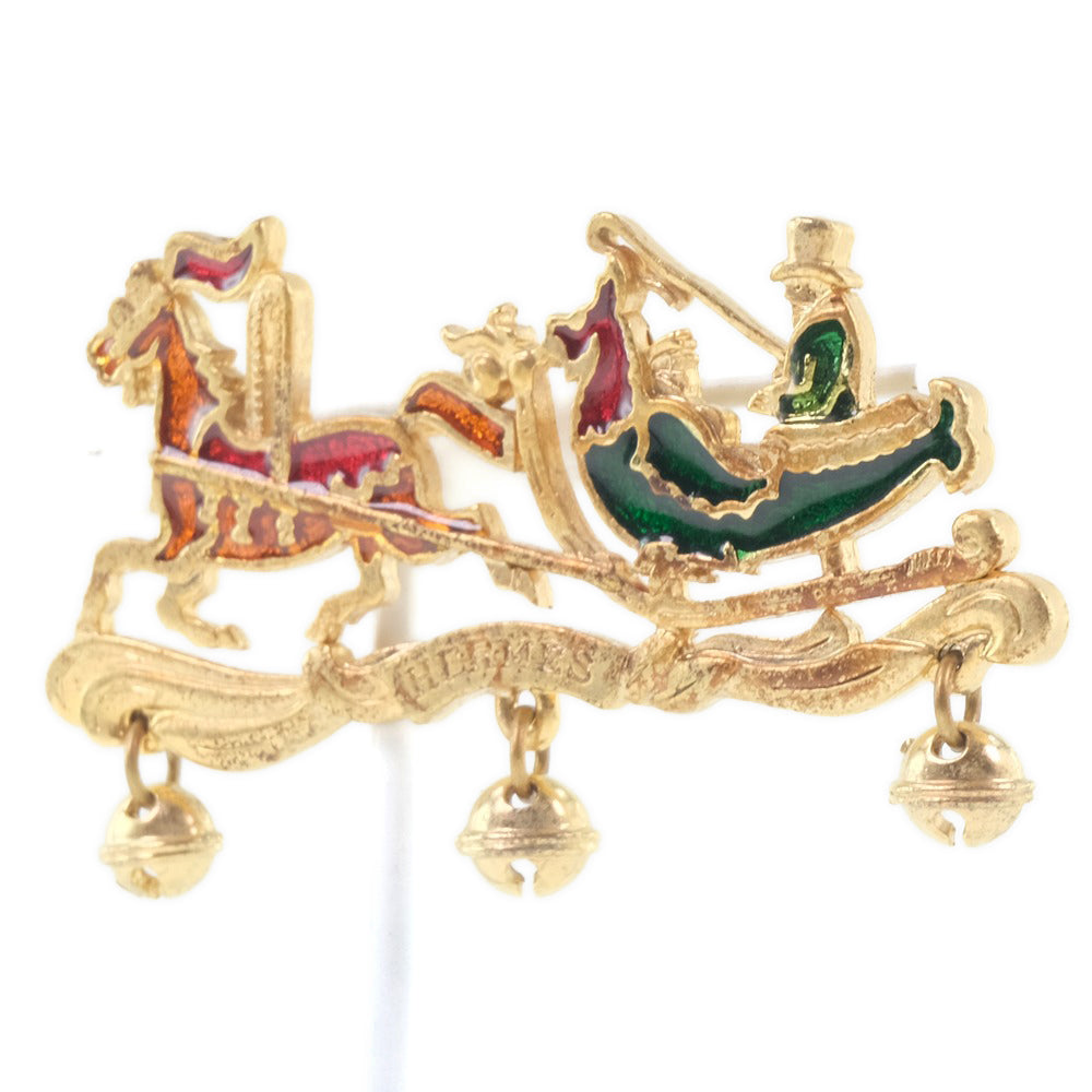 HERMES Brooch Plated Gold Red, Green, Orange Carriage Women  d
