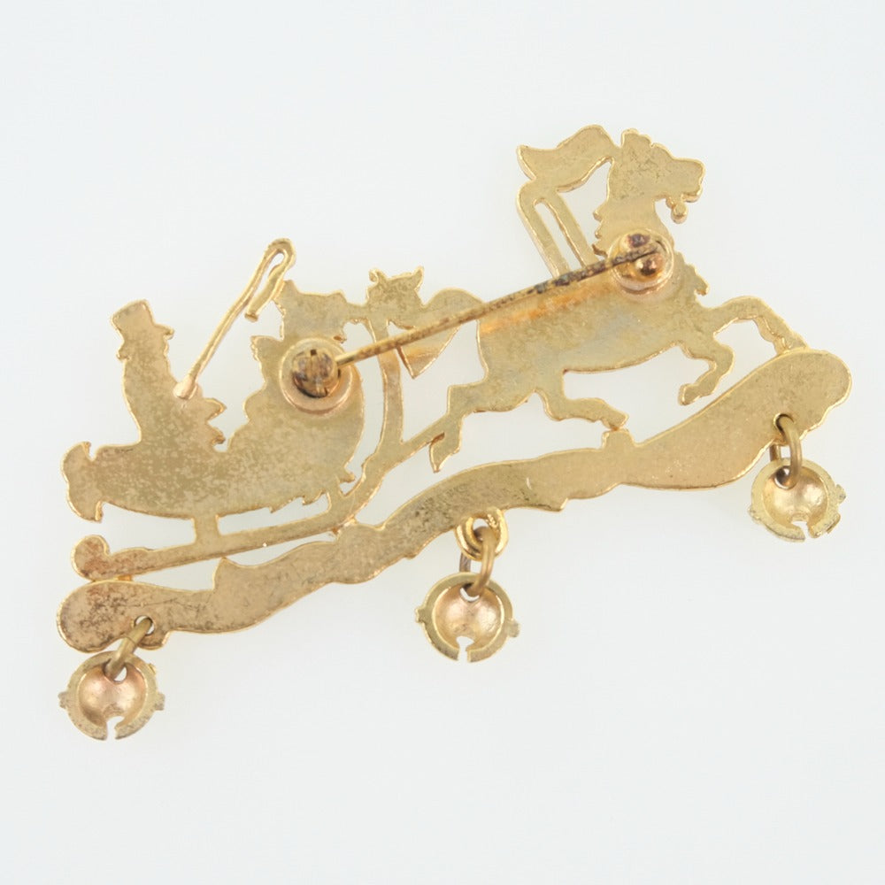 HERMES Brooch Plated Gold Red, Green, Orange Carriage Women  d