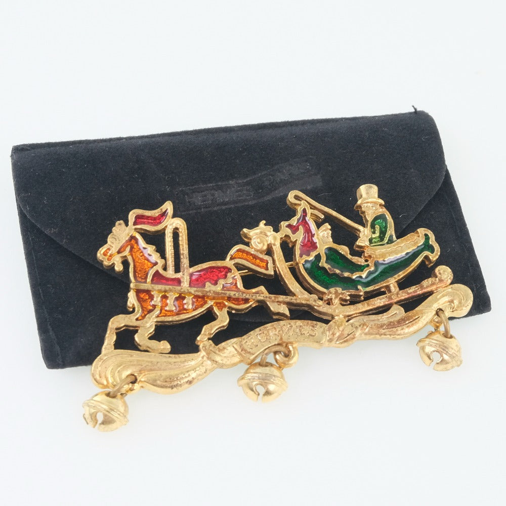 HERMES Brooch Plated Gold Red, Green, Orange Carriage Women  d