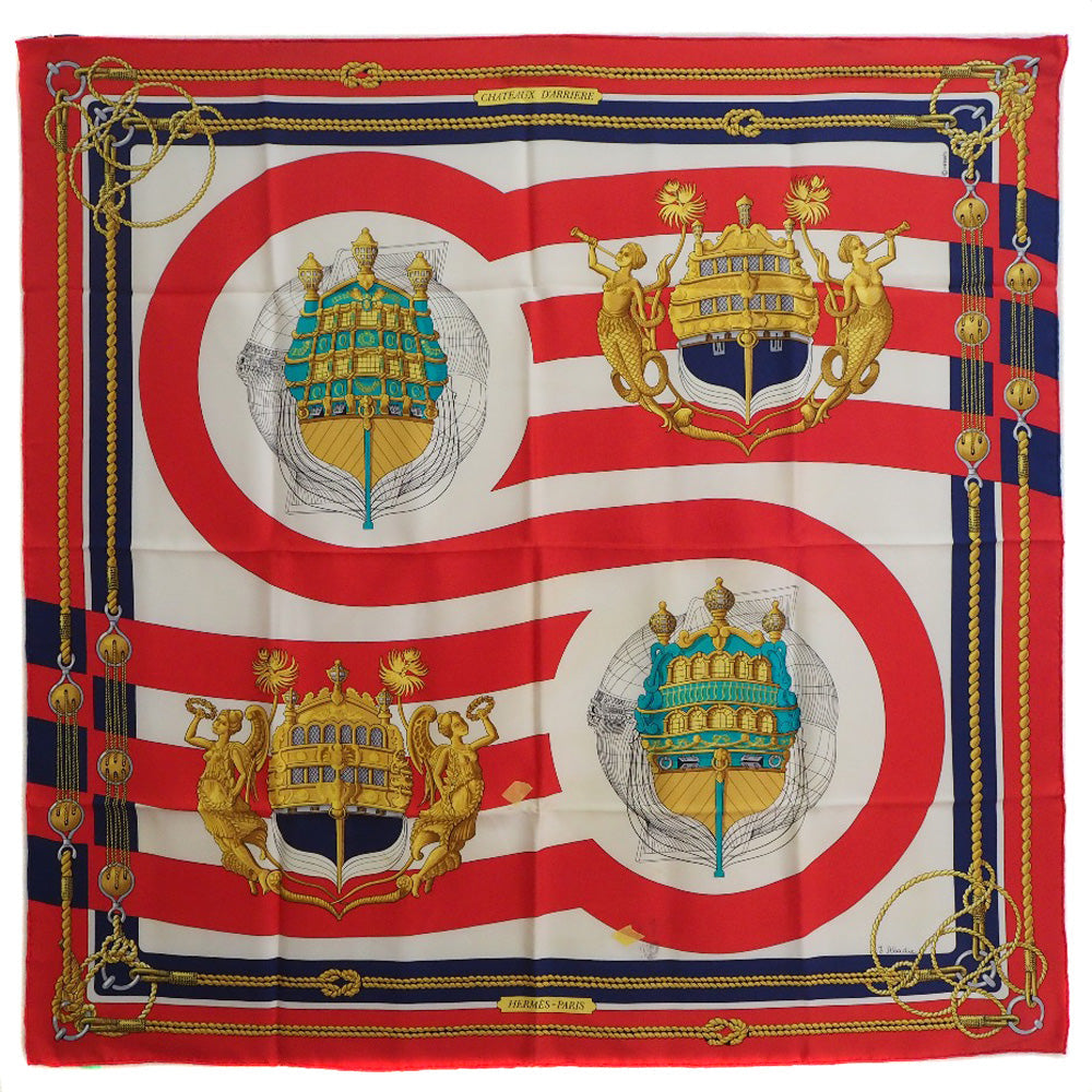 HERMES scarf silk Red stern decoration CHATEAUX D'ARRIERE Carre90 Women  d