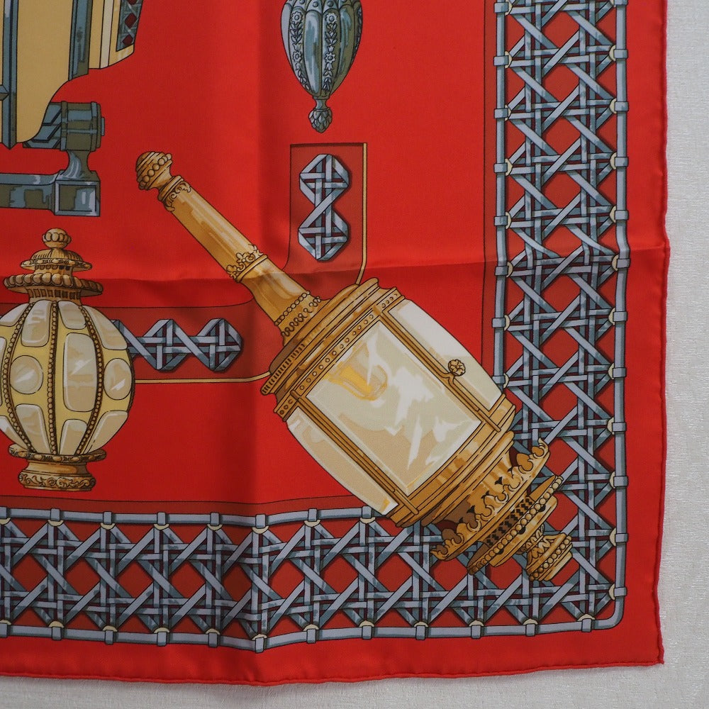 HERMES scarf silk Red Carriage lantern FEUX DE ROUTE Carre90 Women  d