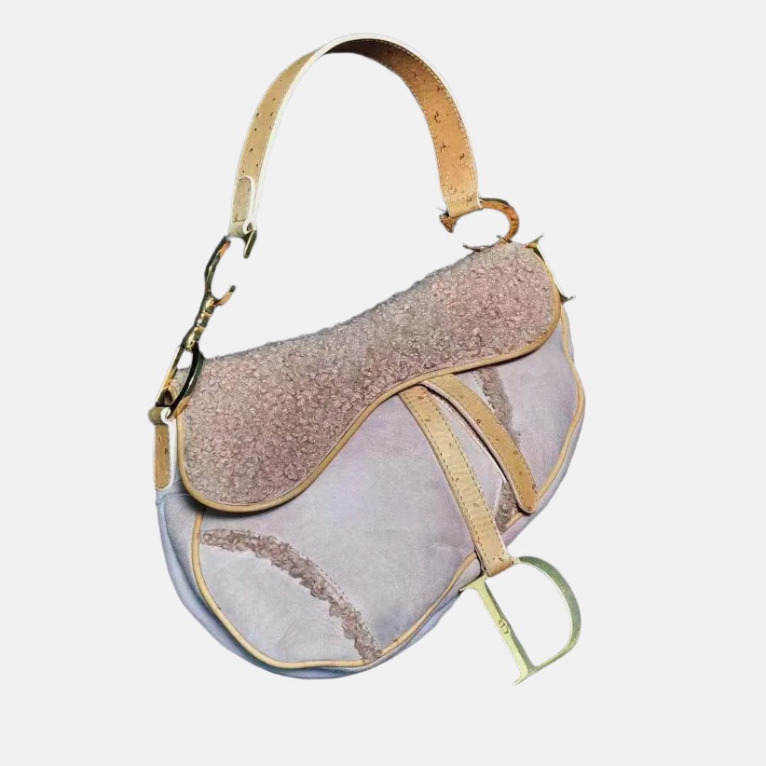 Dior Saddle   Shoulder Bag Medium Shearling and Ostrich Leather Pink