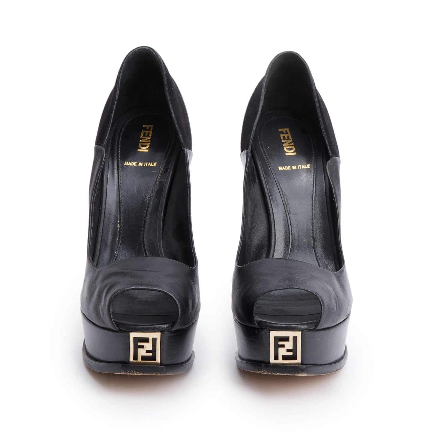 Fendi Black Leather FF Platform Peep-Toe Pumps, Size 38