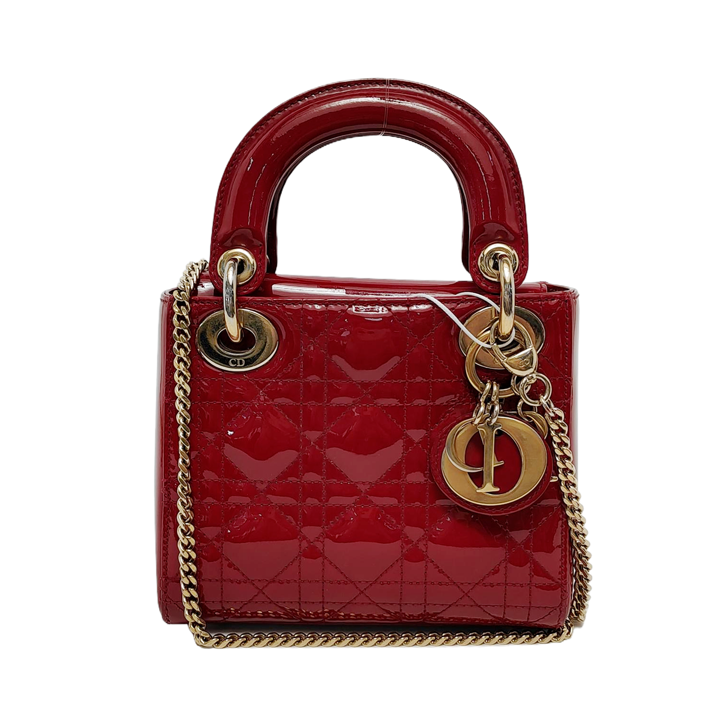 Lady Dior Mini Handbag Burgundy Red Patent Leather Gold-tone Chain Strap