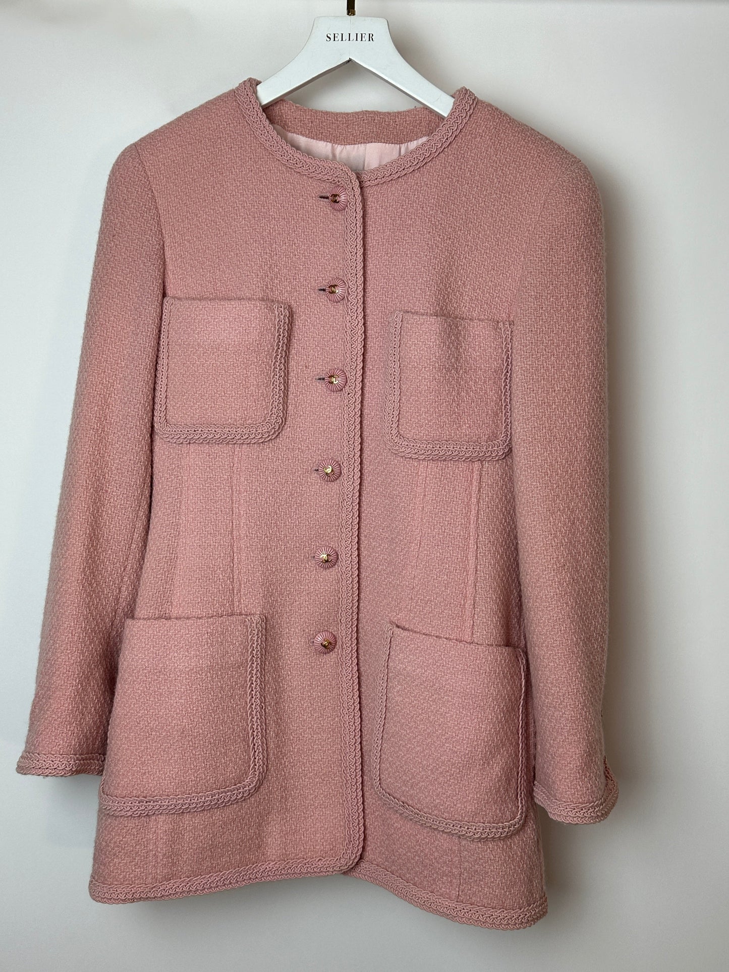 Chanel 93C Pink Tweed Skirt and Jacket Set with Logo Buttons and Pocket Detail FR 38 (UK 10)