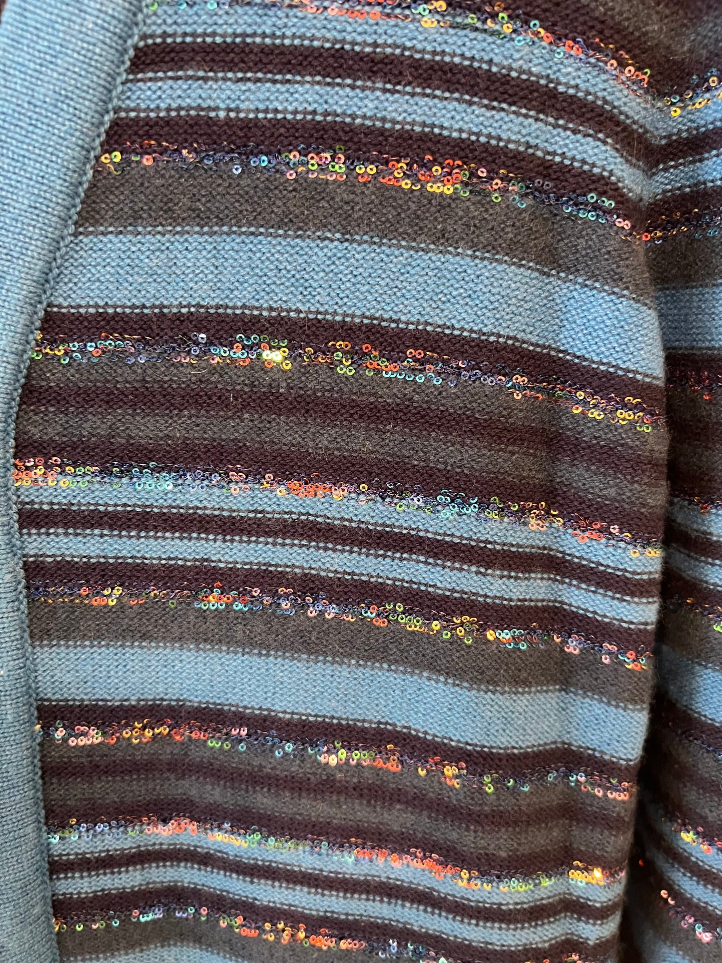 Chanel 20C Blue and Navy Cashmere Striped Long Cardigan with Multicolour Sequins Detail and Silver Camelia CC Buttons Size FR 36 (UK 8)