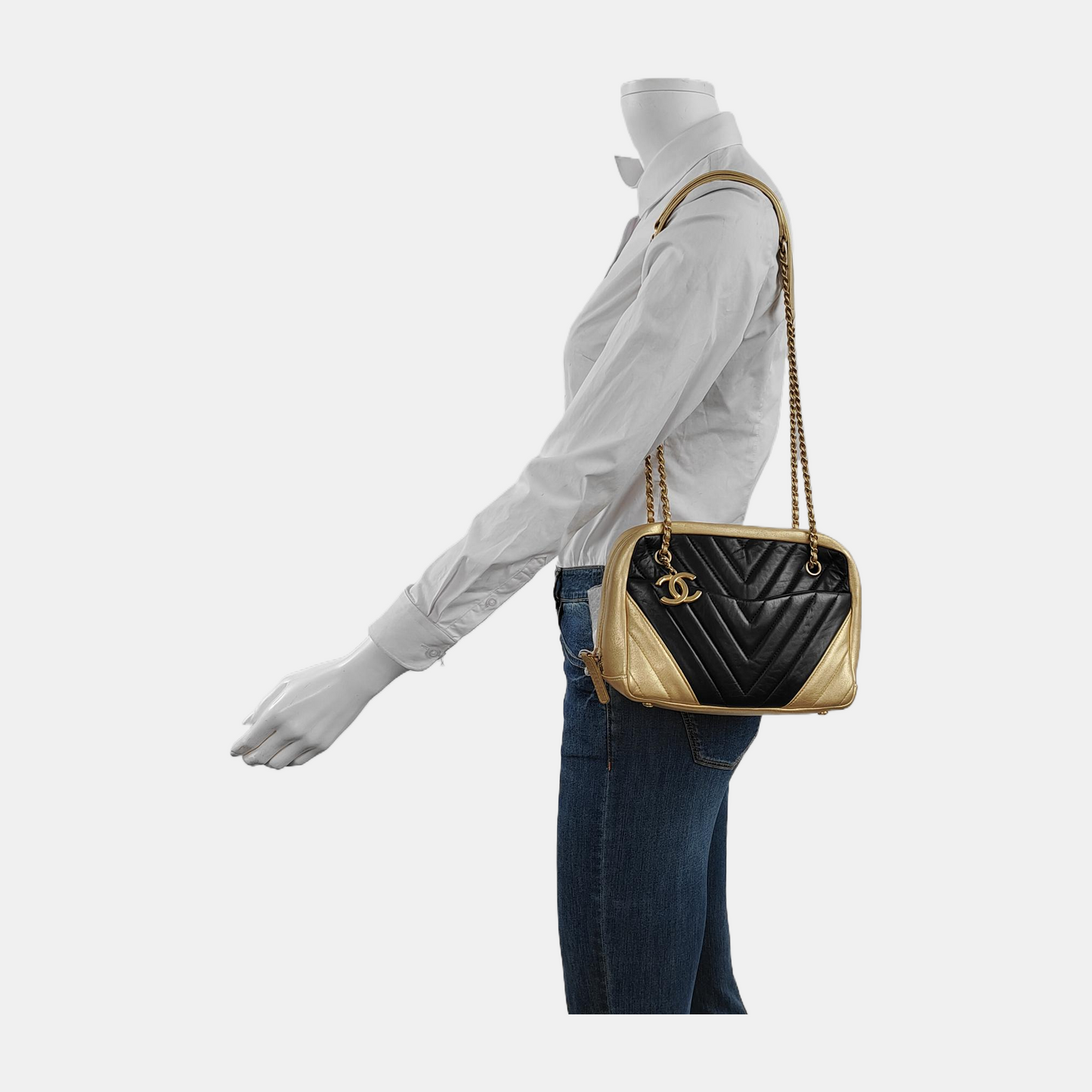 Chanel Camera Bag Chevron Stitching Black Gold Lambskin Leather Double Gold Chain, 2014