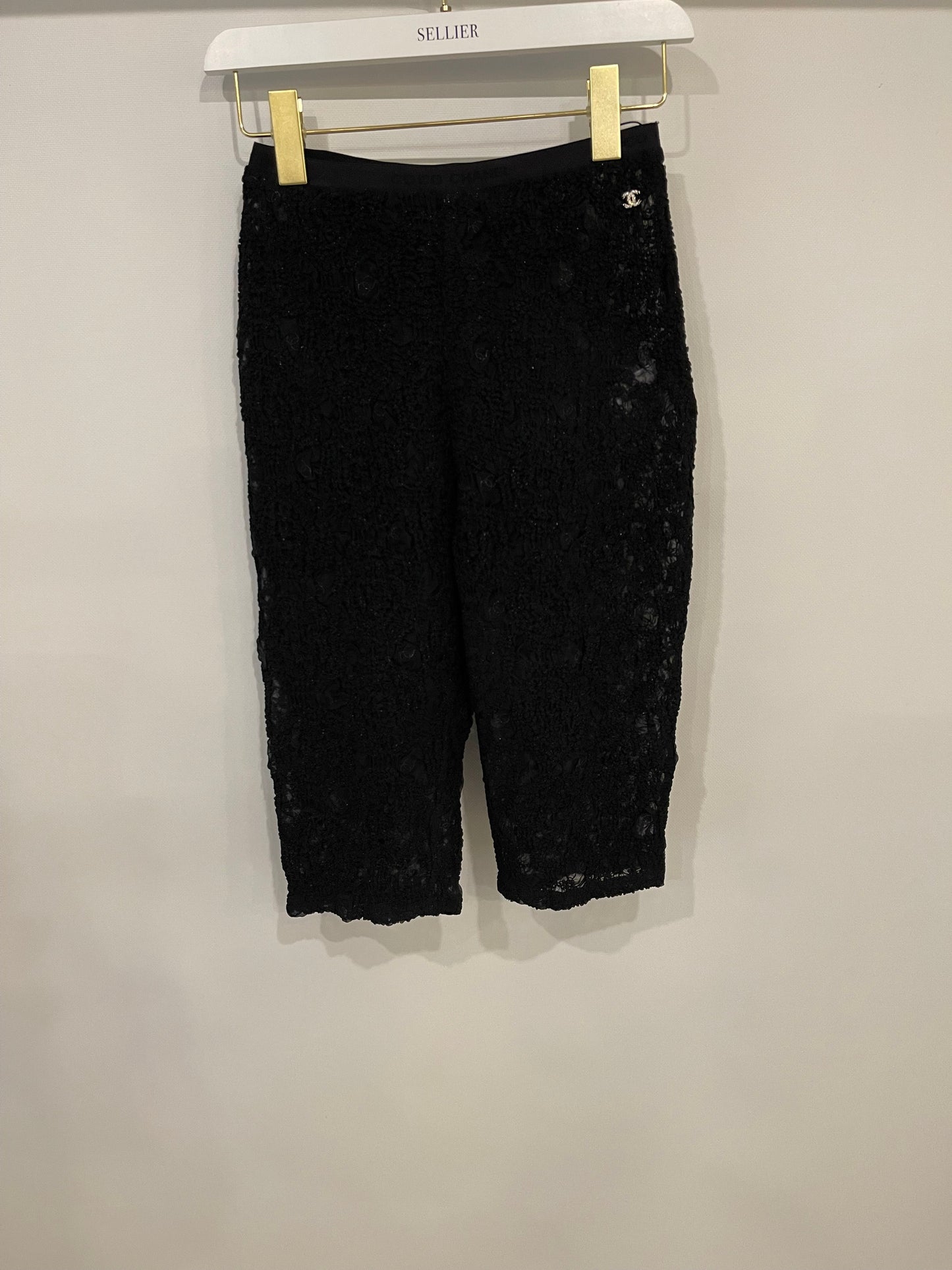 Chanel Black Lace Tulle Top and Cyclist Shorts Set with Camelia Details and Crystal CC Logos Size FR 34 (UK 6)
