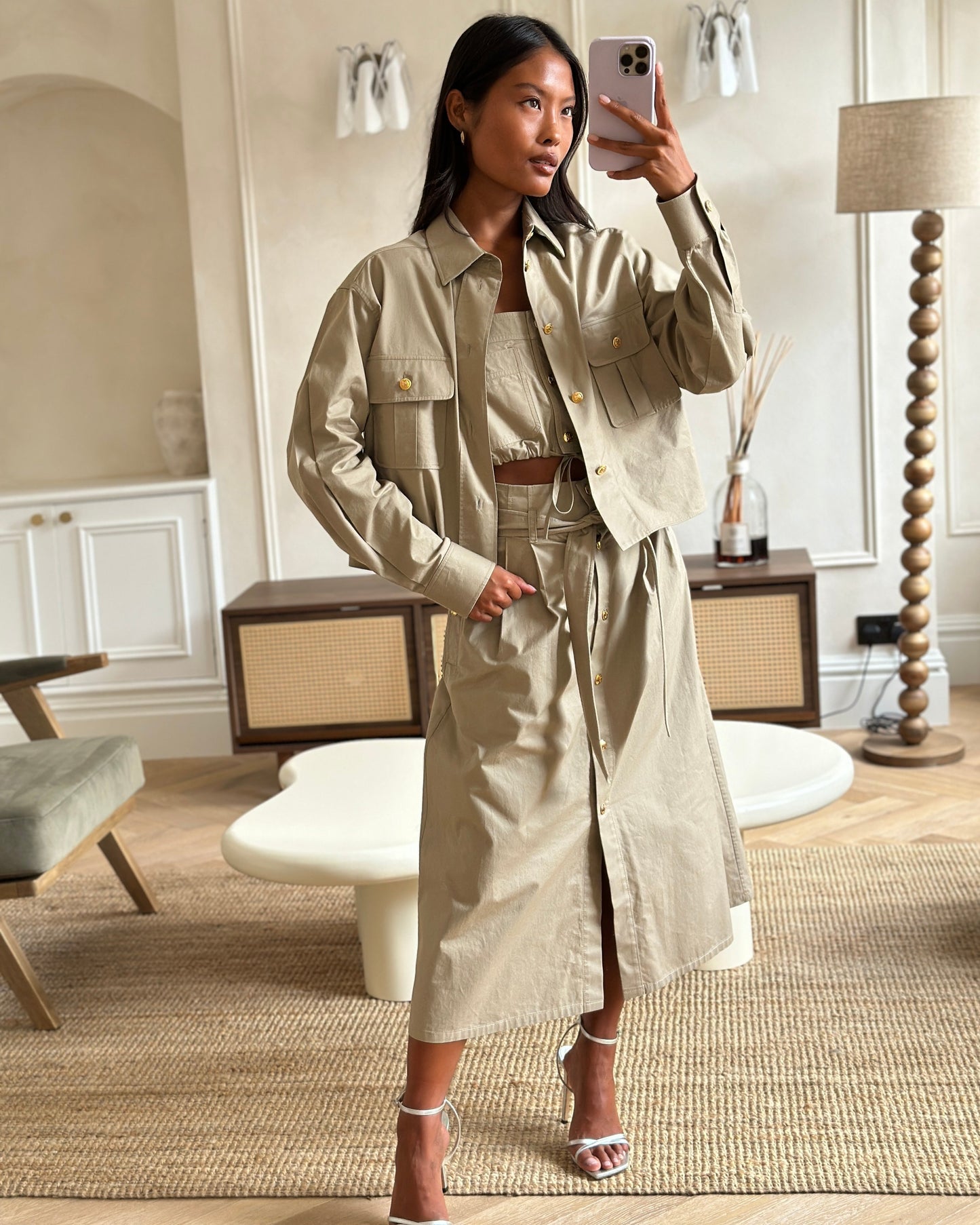Celine Beige Military Jacket with Matching Top and Skirt Size FR 34/36 (UK 6/8)