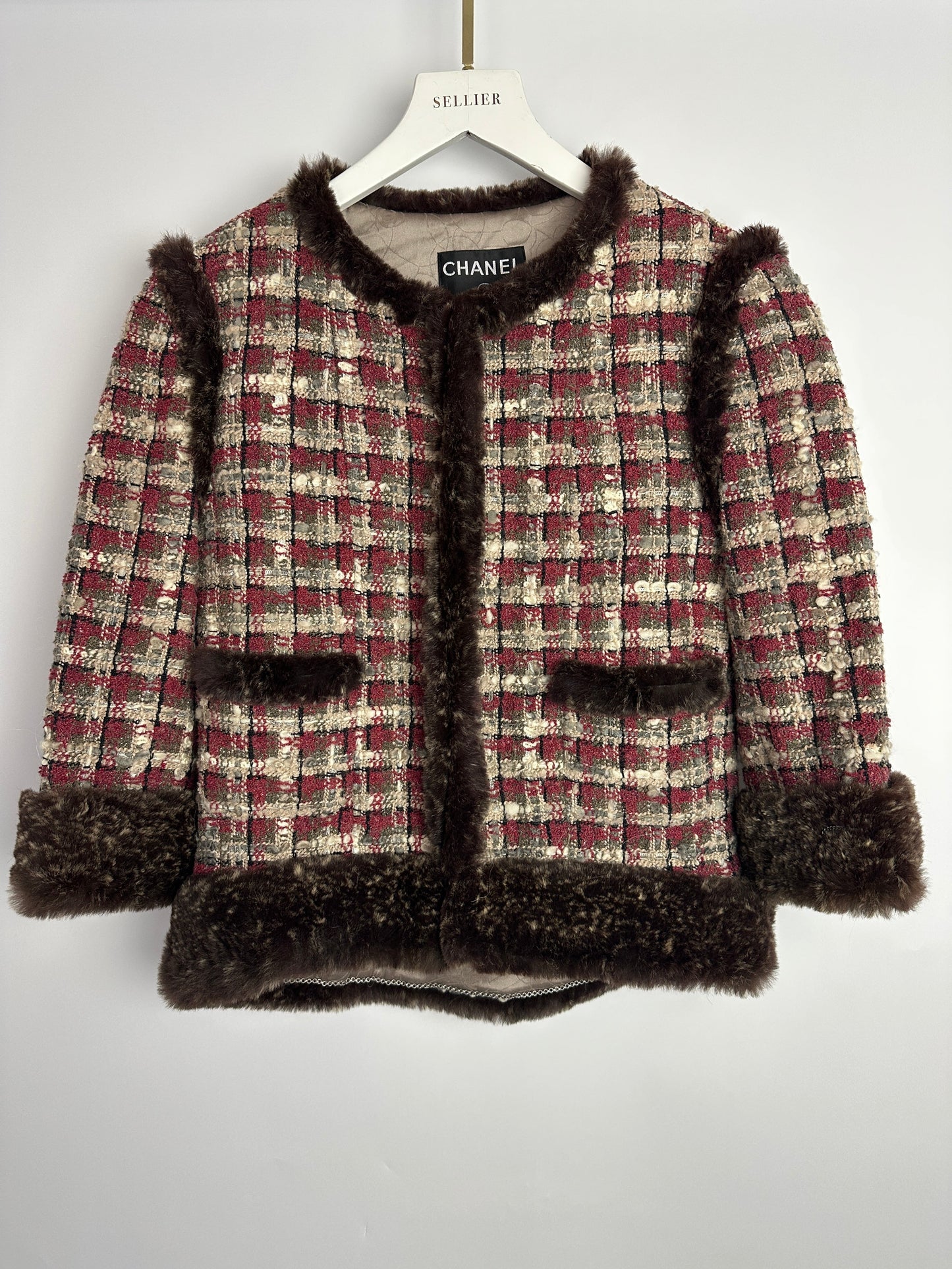 Chanel Red, Beige and Grey Tweed Jacket with Rabbit Fur Trim Detail Size FR 36 (UK 8)