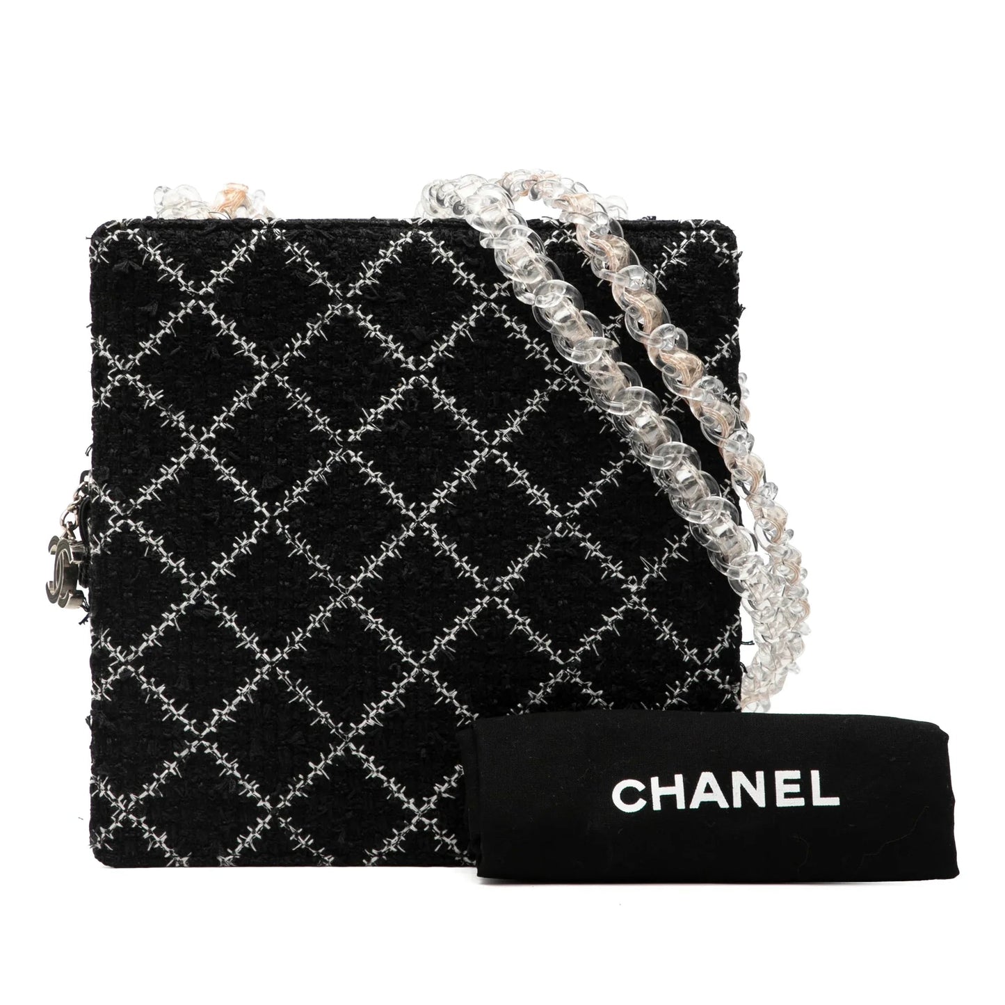 Black Chanel Tweed and Resin Zipped Chain Shopping Bag