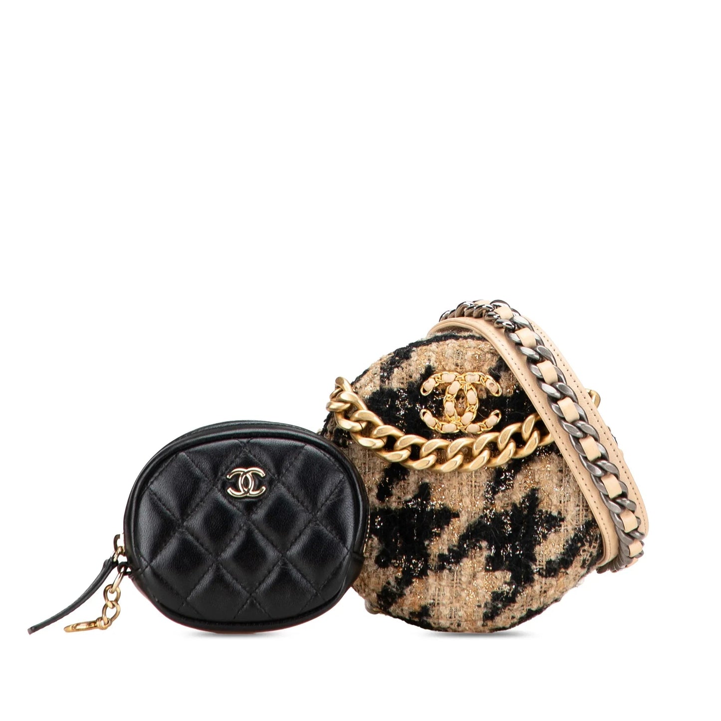 Brown Chanel Tweed 19 Round Clutch with Chain and Coin Purse Crossbody Bag