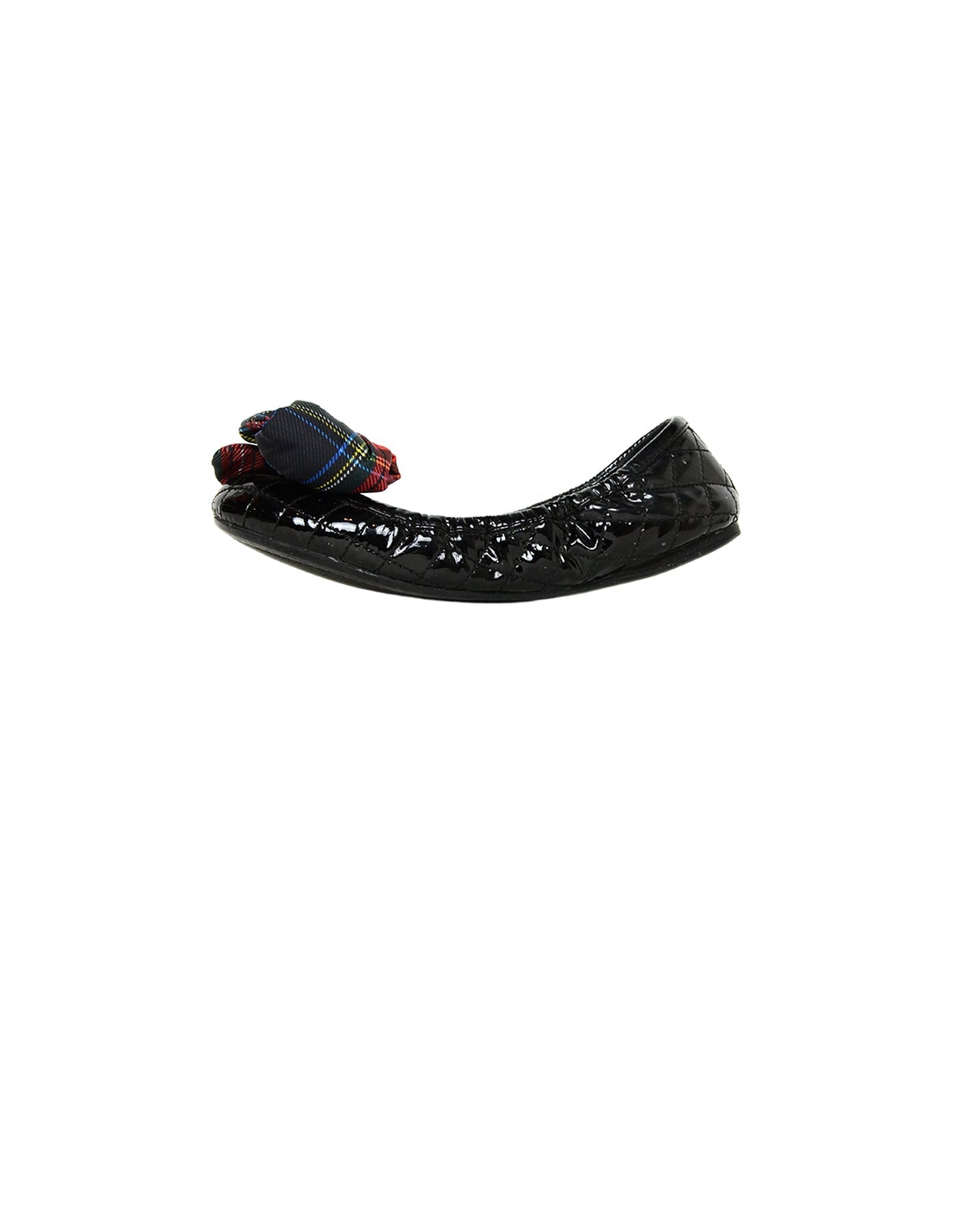 Prada Black Patent Leather Flats with Plaid Bow sz 36.5
