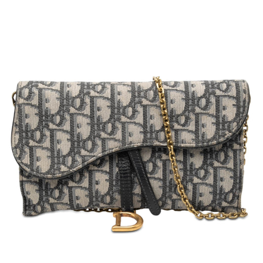 Blue Dior Oblique Canvas Saddle Wallet On Chain Crossbody Bag
