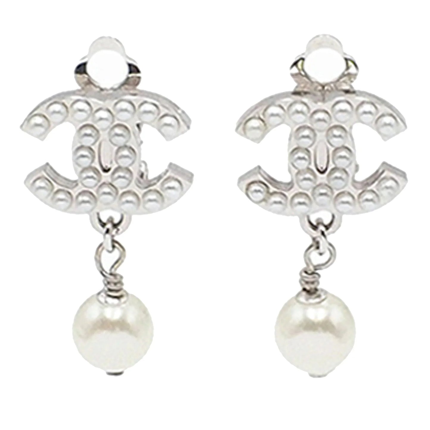 Silver Chanel Silver Plated CC Faux Pearl Drop Clip On Earrings
