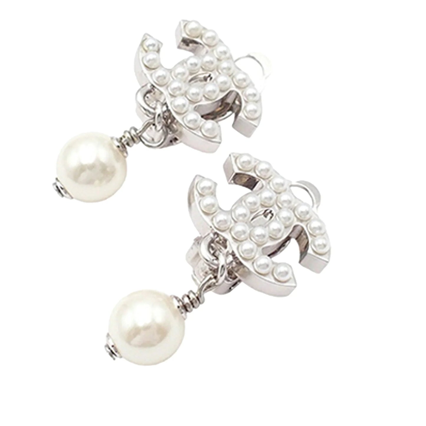 Silver Chanel Silver Plated CC Faux Pearl Drop Clip On Earrings