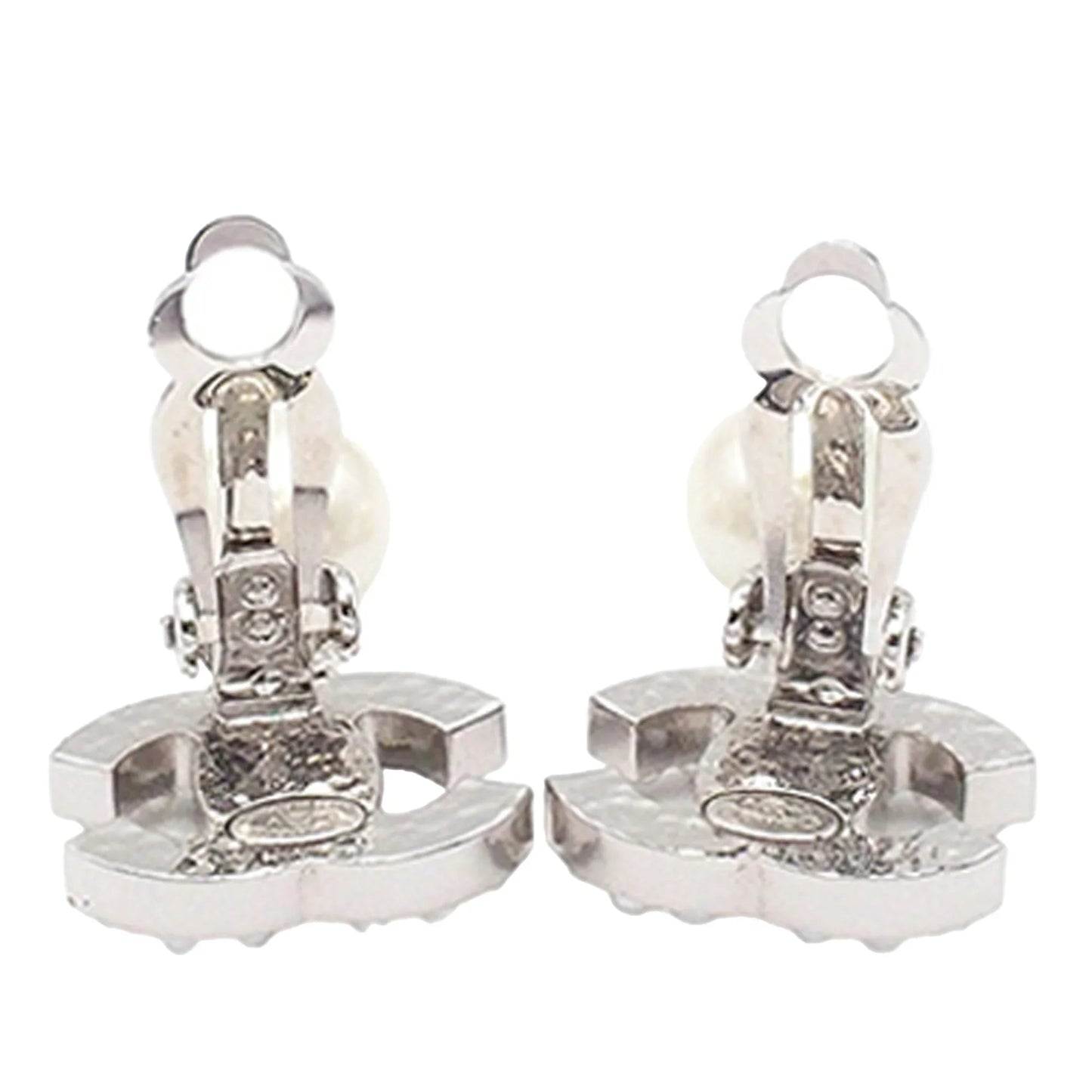 Silver Chanel Silver Plated CC Faux Pearl Drop Clip On Earrings