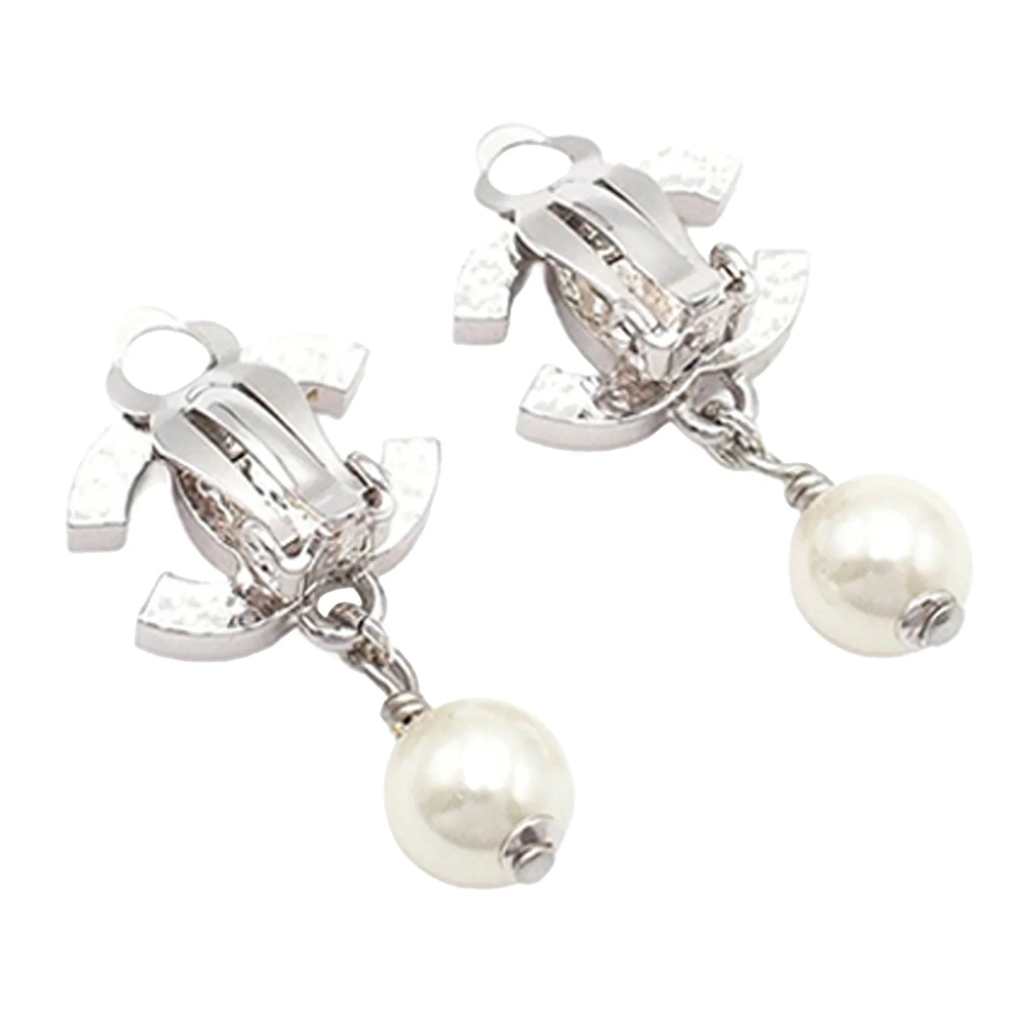 Silver Chanel Silver Plated CC Faux Pearl Drop Clip On Earrings
