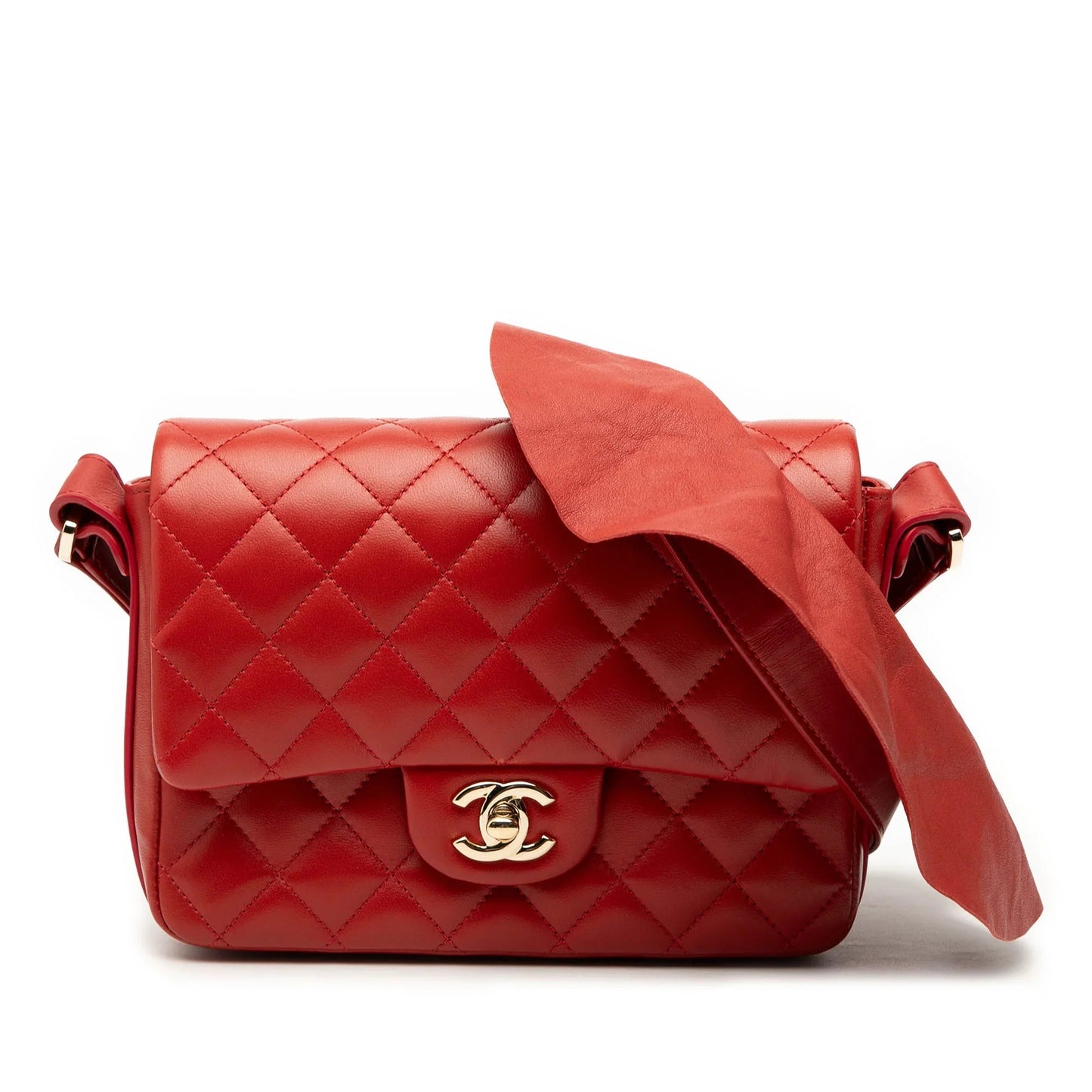 Red Chanel CC Quilted Calfskin Ruffle Strap Flap Crossbody Bag