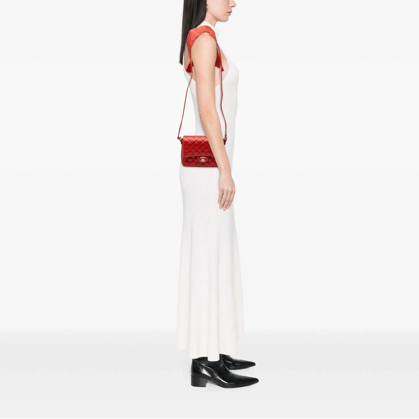 Red Chanel CC Quilted Calfskin Ruffle Strap Flap Crossbody Bag