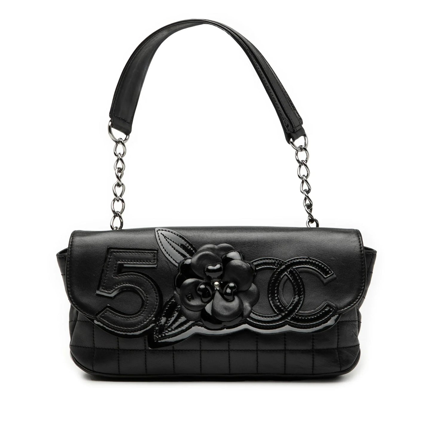 Black Chanel Camellia CC Choco Bar No 5 Lambskin Shoulder Bag