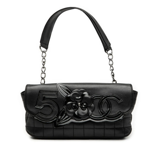Black Chanel Camellia CC Choco Bar No 5 Lambskin Shoulder Bag