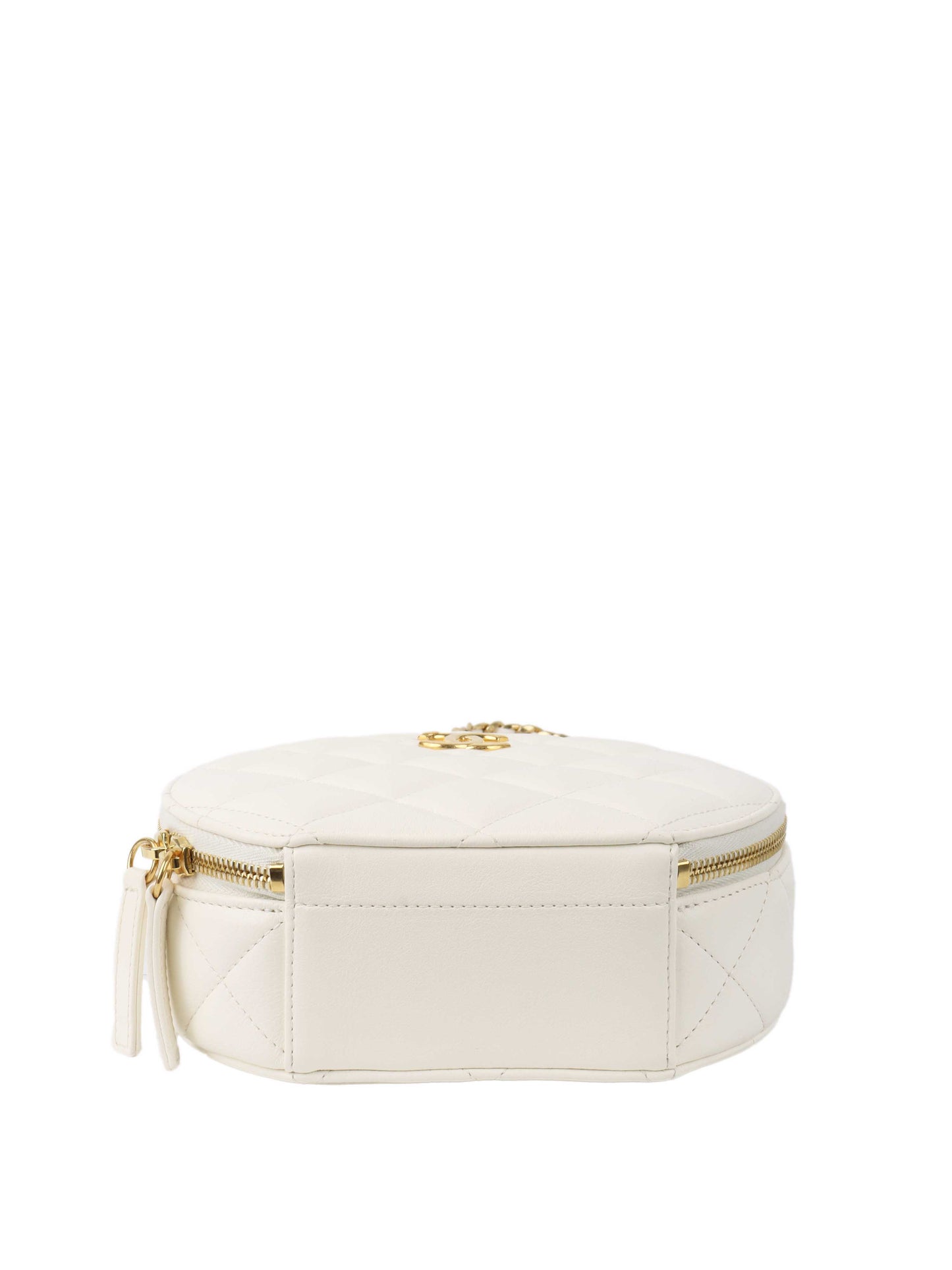 Chanel White Round Vanity with Chain Ring Handle.