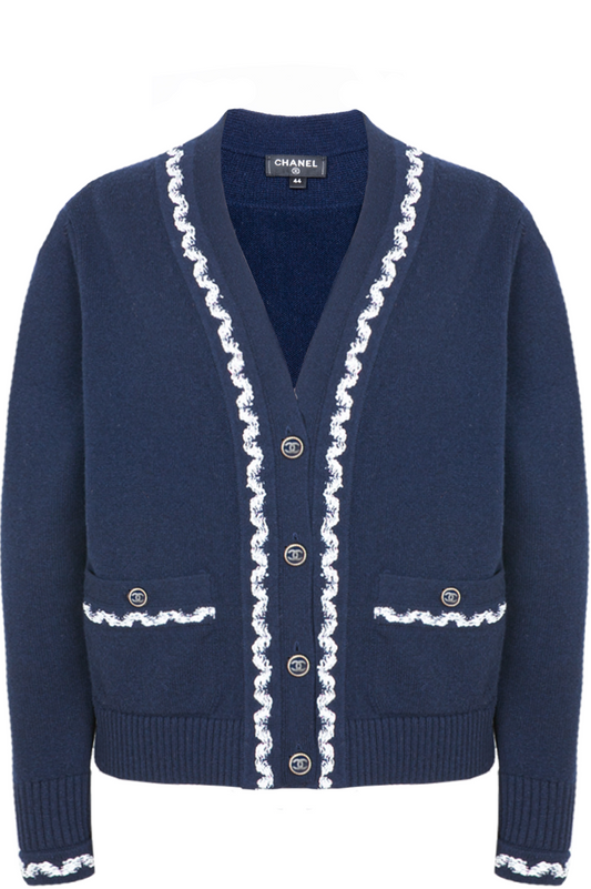 CHANEL 2021 Patch Pocket Knit Cardigan Navy