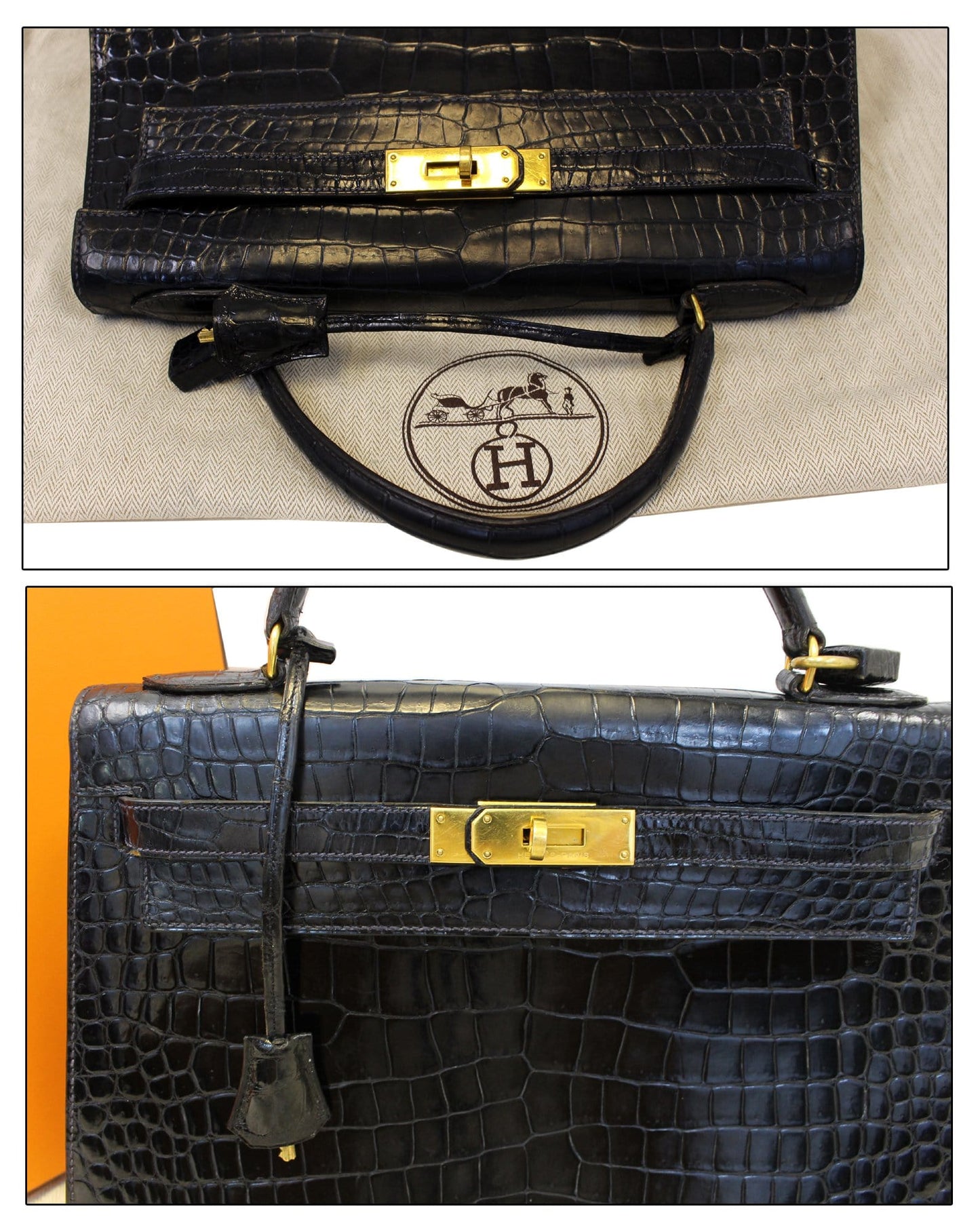 HERMES Kelly Alligator 32 cm Black with Gold Hardware  Bag