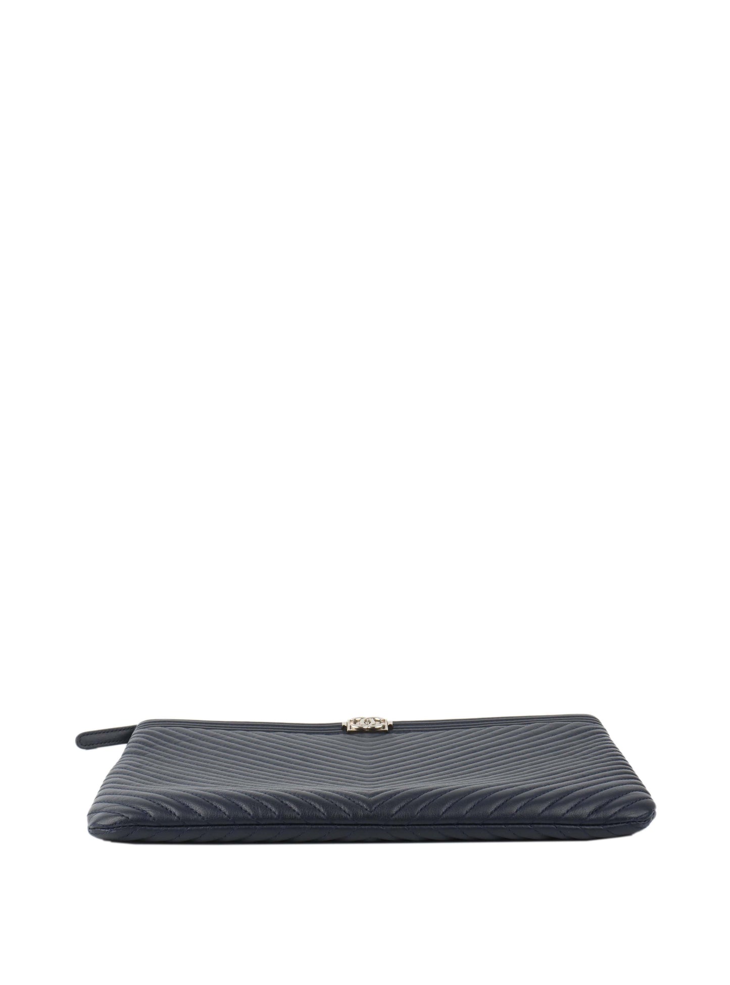 Chanel Navy Lambskin Medium Boy Chevron Pouch SHW.