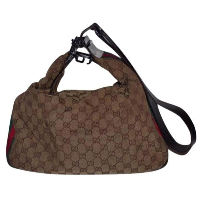 Gucci   Shades Of Brown Large G Logo Leather Canvas Hobo Bag