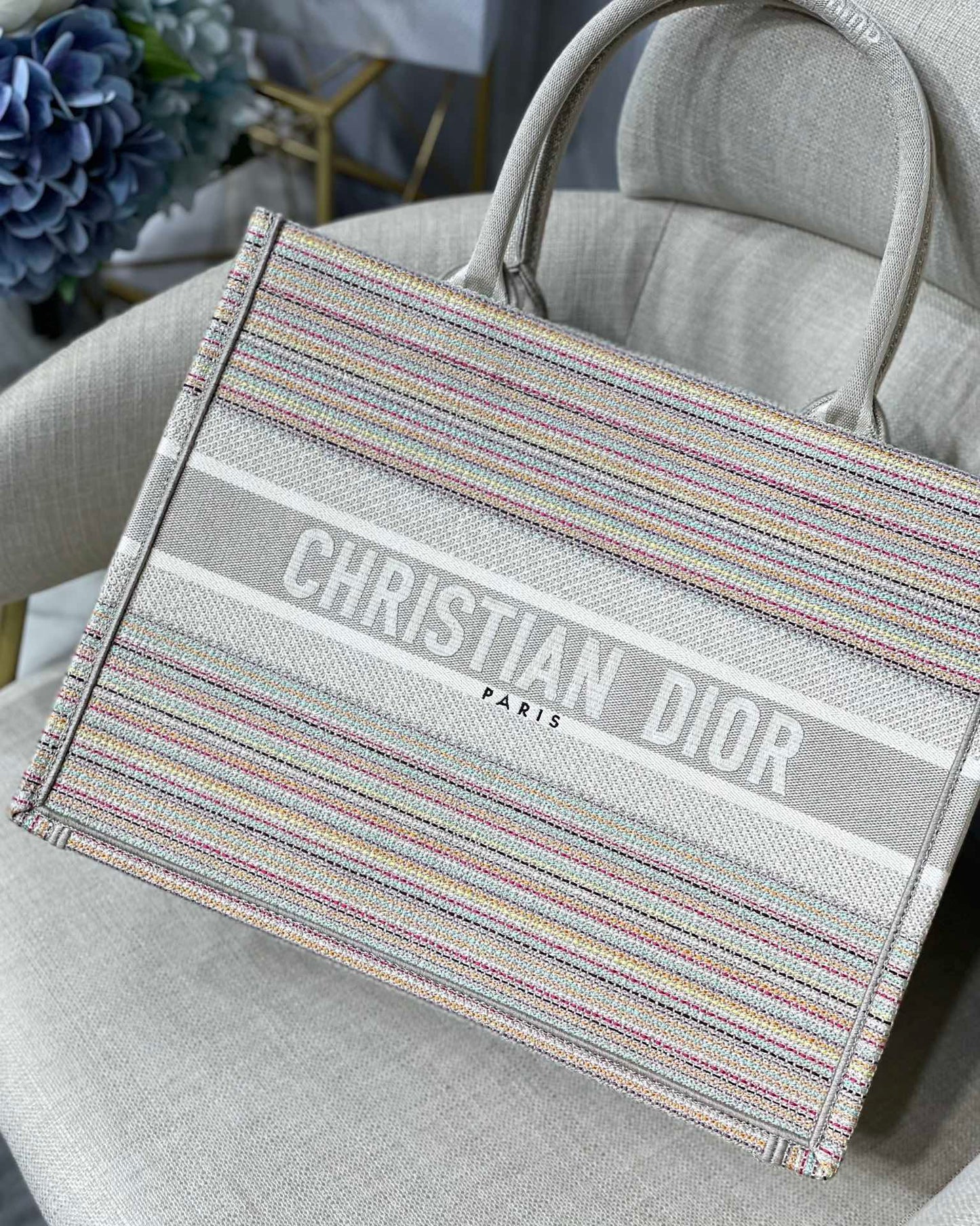 Top Quality Large Book Tote Bag Canvas Stripes Embroidery For Women 42cm/16.5in CD