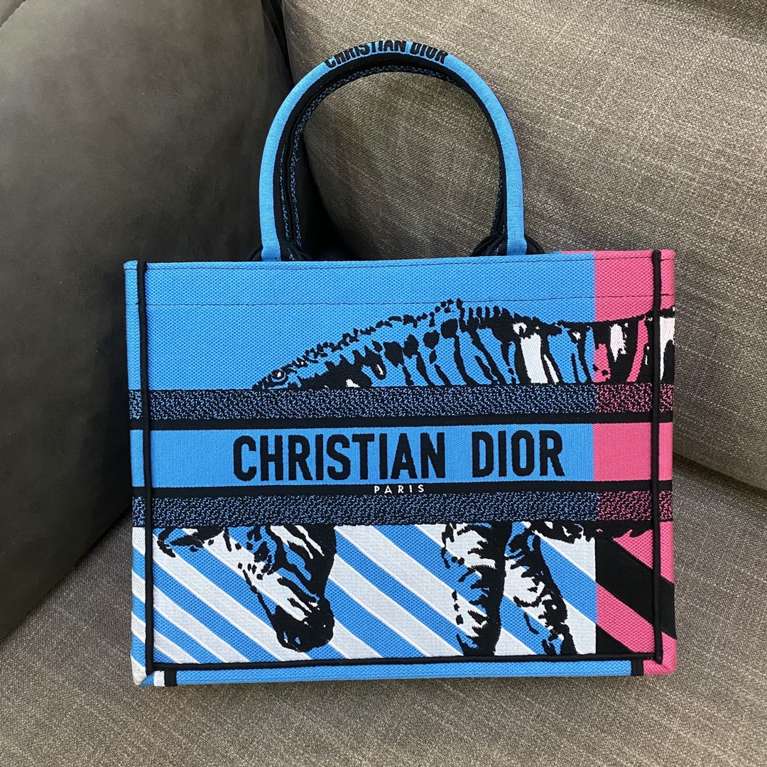 Top Quality MeTop Qualityum Book Tote Bright Blue and Bright Pink D-Jungle Pop Embroidery, Blue/Pink, For Women Womens Handbags, 36cm CD M1296ZRON_M888