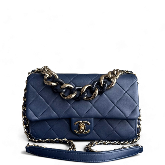 Chanel 2020 Elegant Resin Chain Seasonal Flap - Quilted Lambskin Dark Blue GHW No 29
