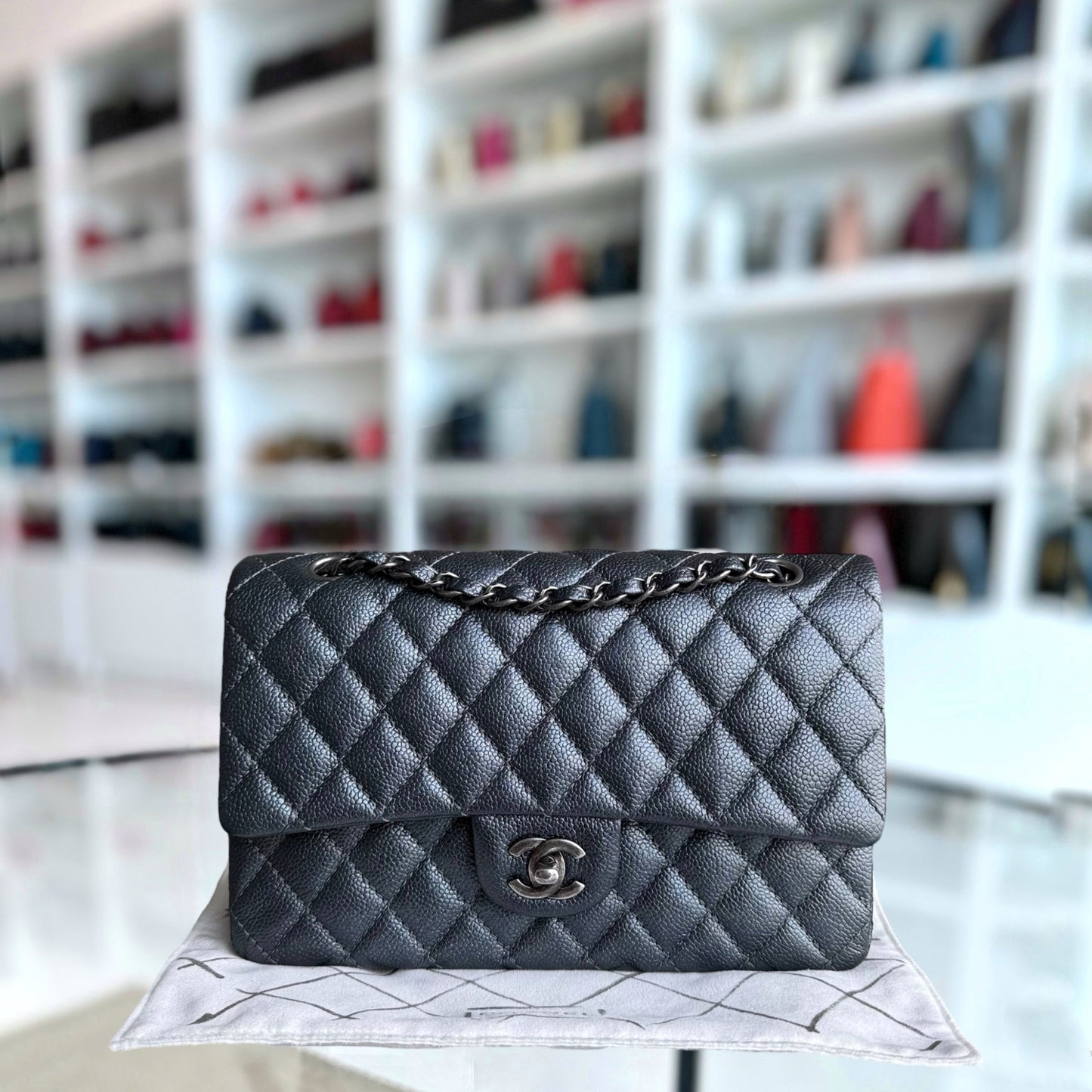 Chanel Classic Flap Medium - Caviar 25CM Quilted Grained Calfskin Iridescent Charcoal Dark Grey Gray Ruthenium Silver Hardware Series 20