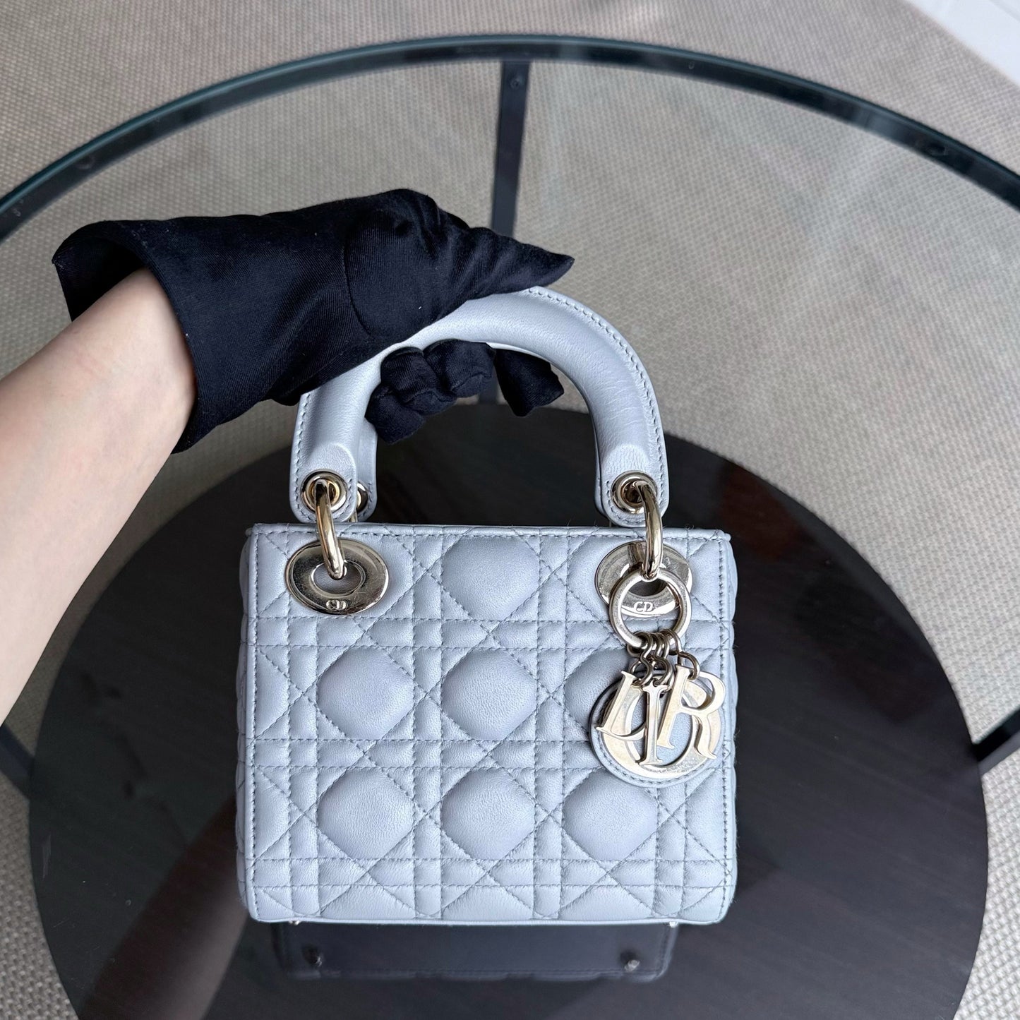 Dior Lady Mini - Cannage Lambskin Grey Gray Gold Hardware Chain Strap