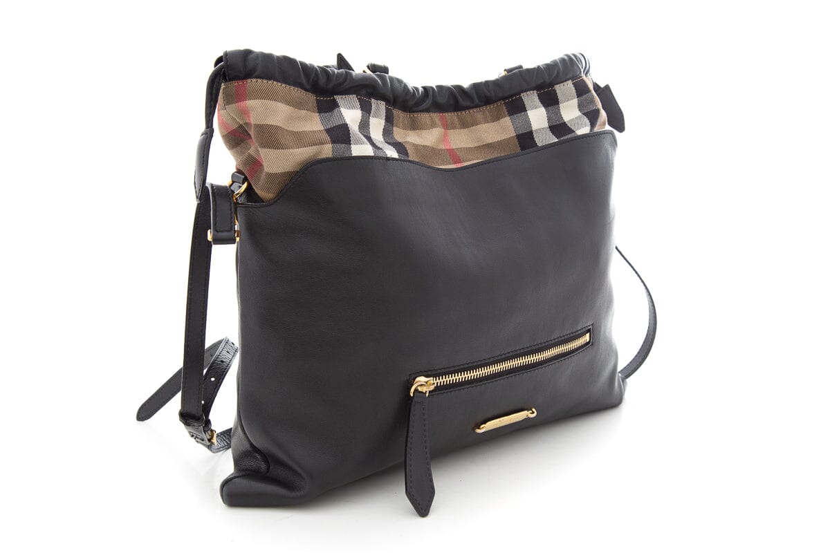 Burberry Ho  Check Big Crush Black Leather Tote Bag