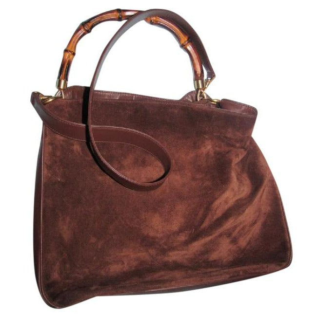 - Gucci   Brown Suede And Leather With Bamboo Handle And Removable Strap Hobo