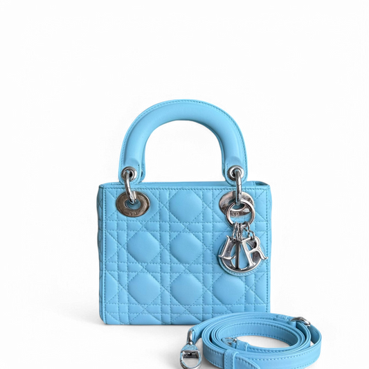 Dior Lady Mini - Cannage Lambskin Light Blue Silver Hardware Adjustable strap