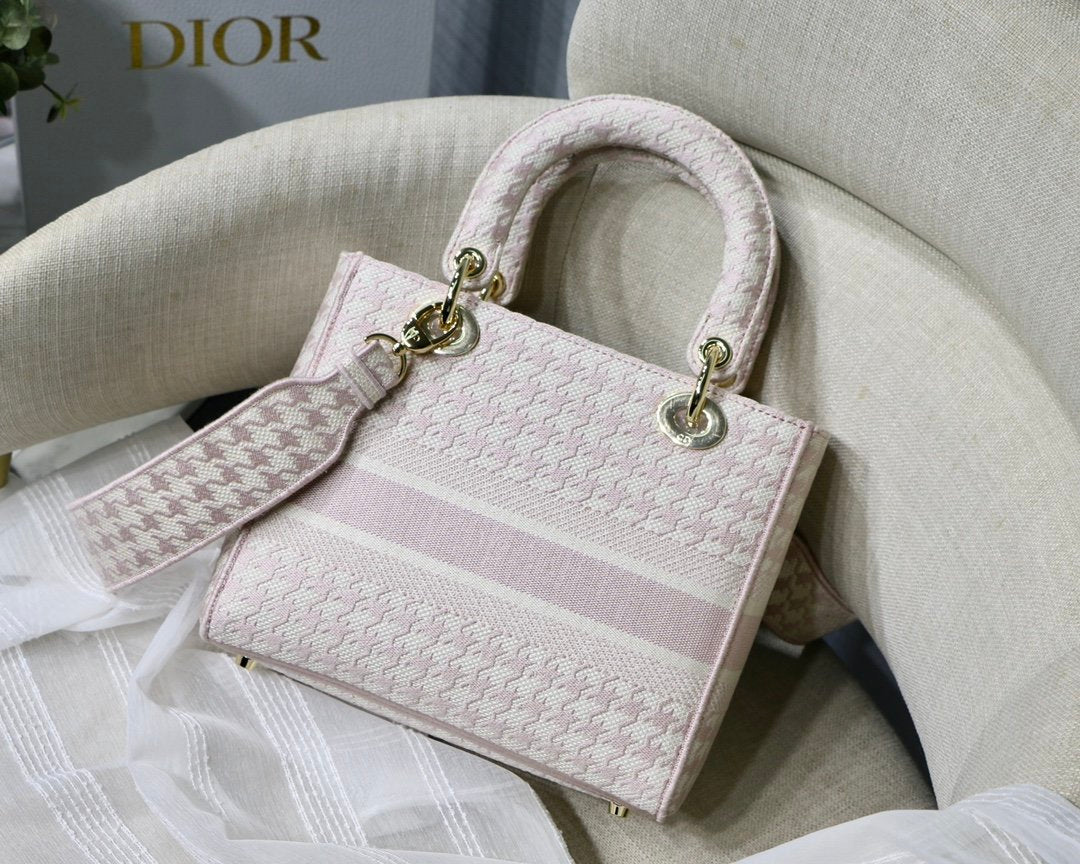 Top Quality MeTop Qualityum Lady D-Lite Bag Houndstooth Embroidery, Pink/White, For Women Womens Handbags, Shoulder Bags, Crossbody Bags, 24cm CD